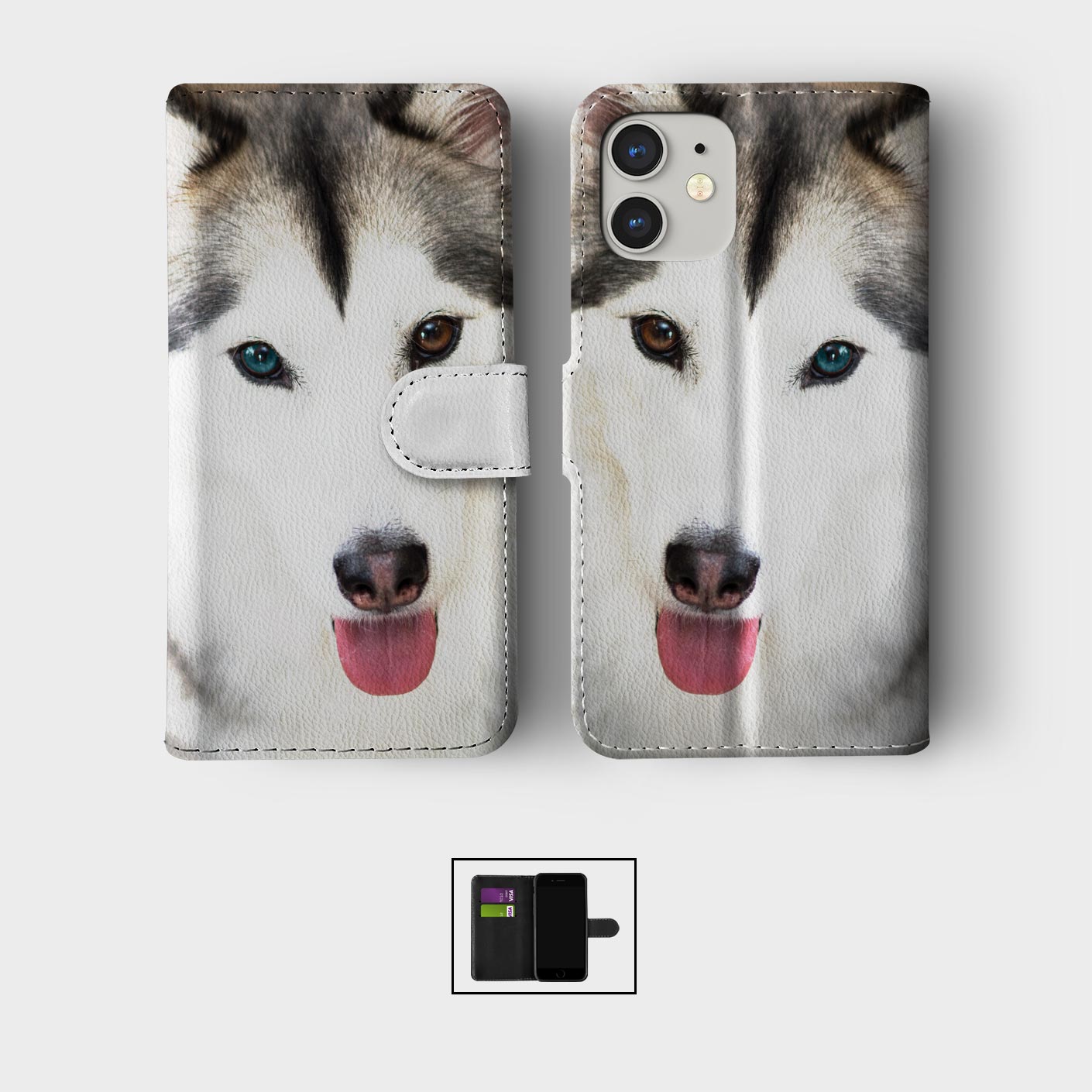 CASE FOR IPHONE 16 15 14 13 12 11 SE WALLET FLIP PHONE COVER HUSKY SIBERIAN DOG - Picture 7 of 8