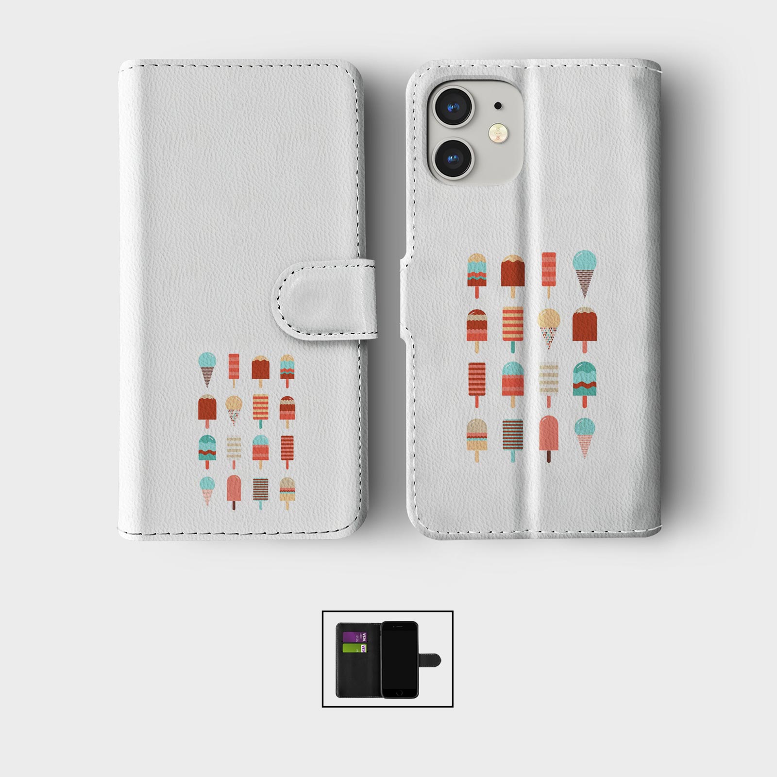 CASE FOR IPHONE 16 16E 15 14 12 SE WALLET FLIP PHONE COVER RETRO 80S ICE CREAM - Picture 2 of 9