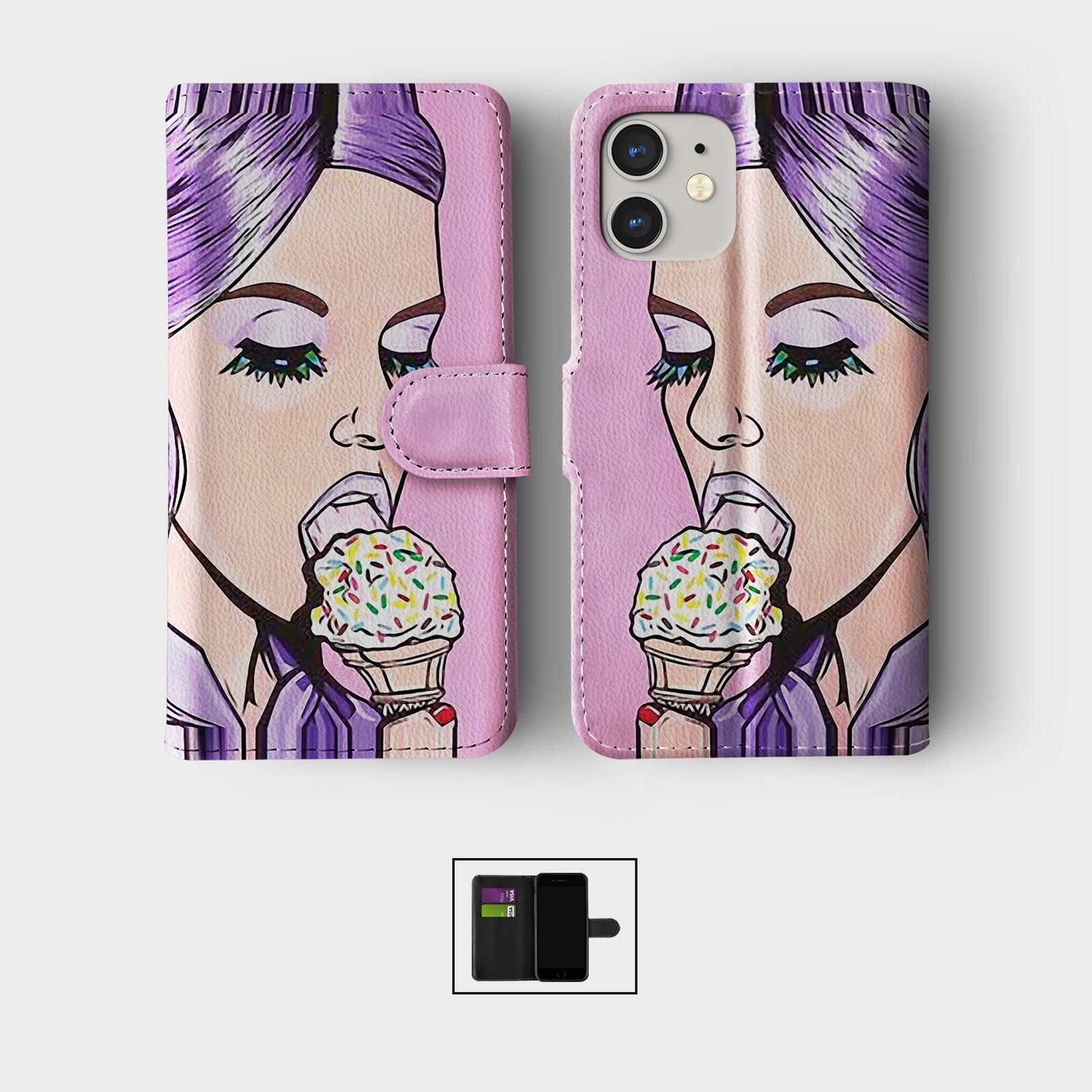CASE FOR IPHONE 16 16E 15 14 12 SE WALLET FLIP PHONE COVER RETRO 80S ICE CREAM - Picture 3 of 9