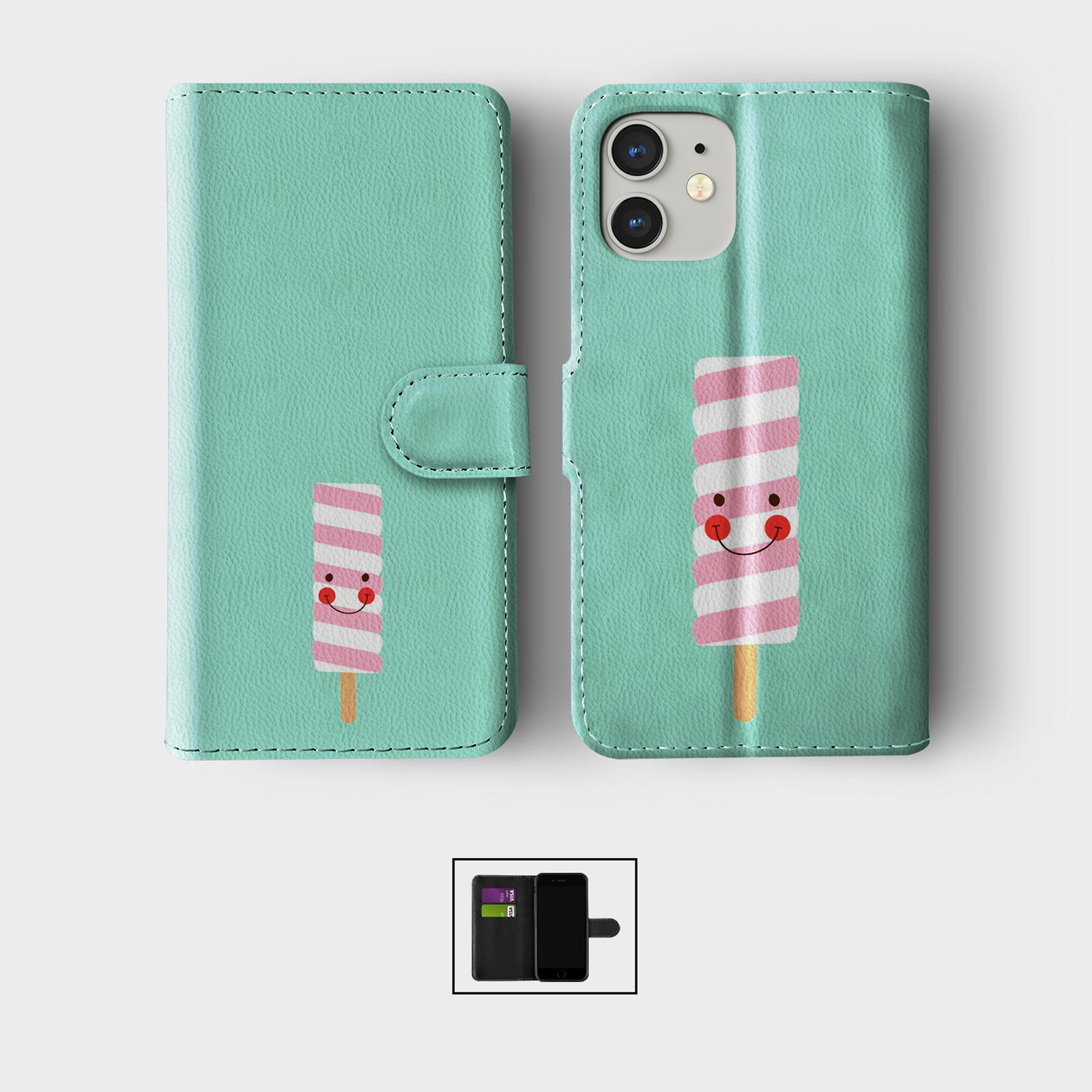 CASE FOR IPHONE 16 16E 15 14 12 SE WALLET FLIP PHONE COVER RETRO 80S ICE CREAM - Picture 4 of 9