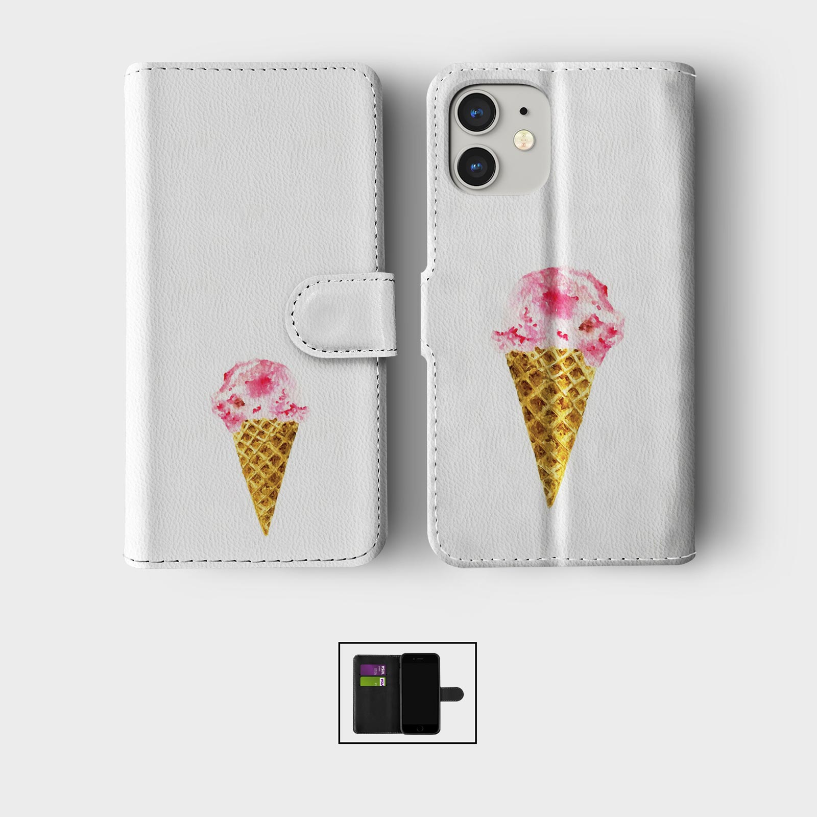 CASE FOR IPHONE 16 16E 15 14 12 SE WALLET FLIP PHONE COVER RETRO 80S ICE CREAM - Picture 6 of 9