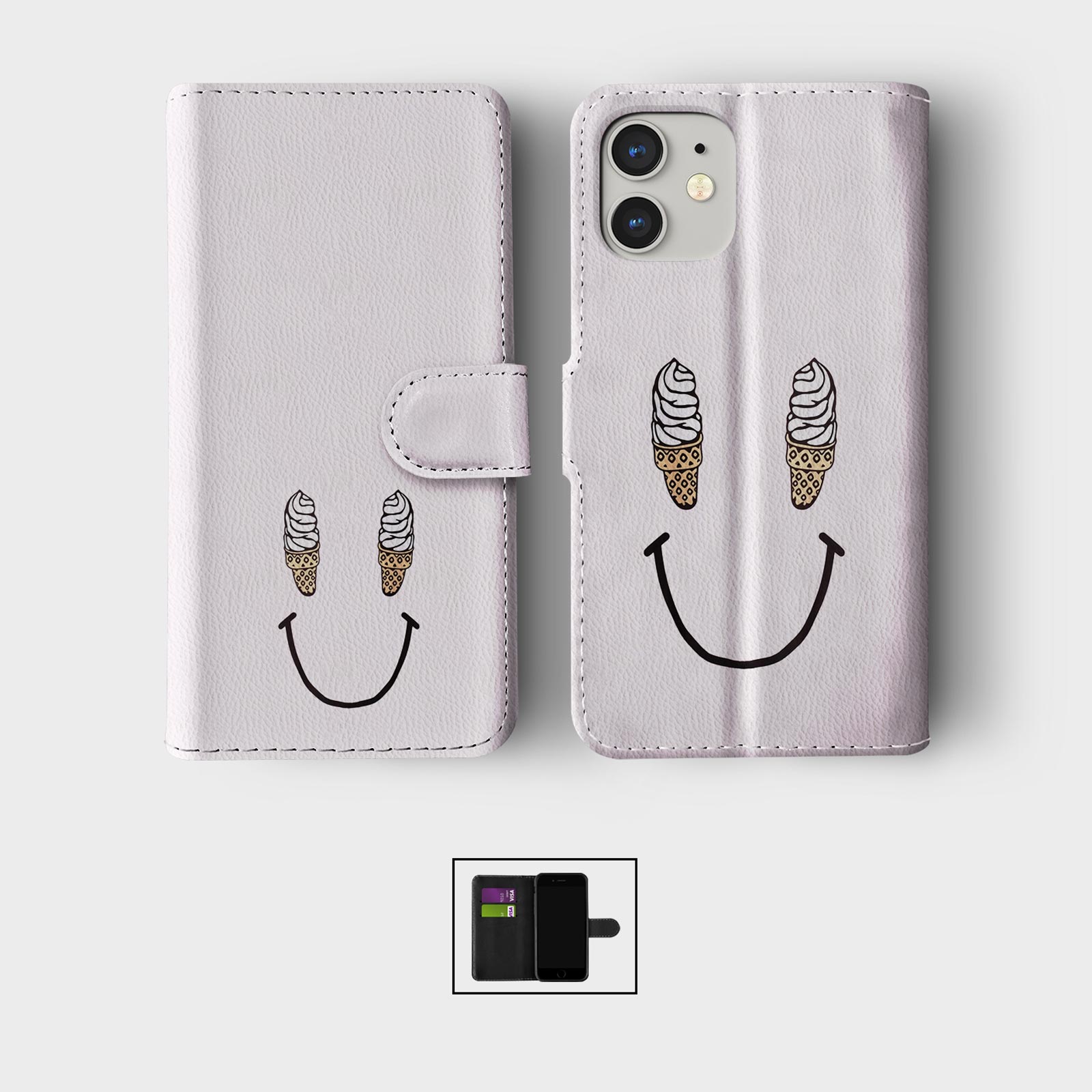 CASE FOR IPHONE 16 16E 15 14 12 SE WALLET FLIP PHONE COVER RETRO 80S ICE CREAM - Picture 7 of 9