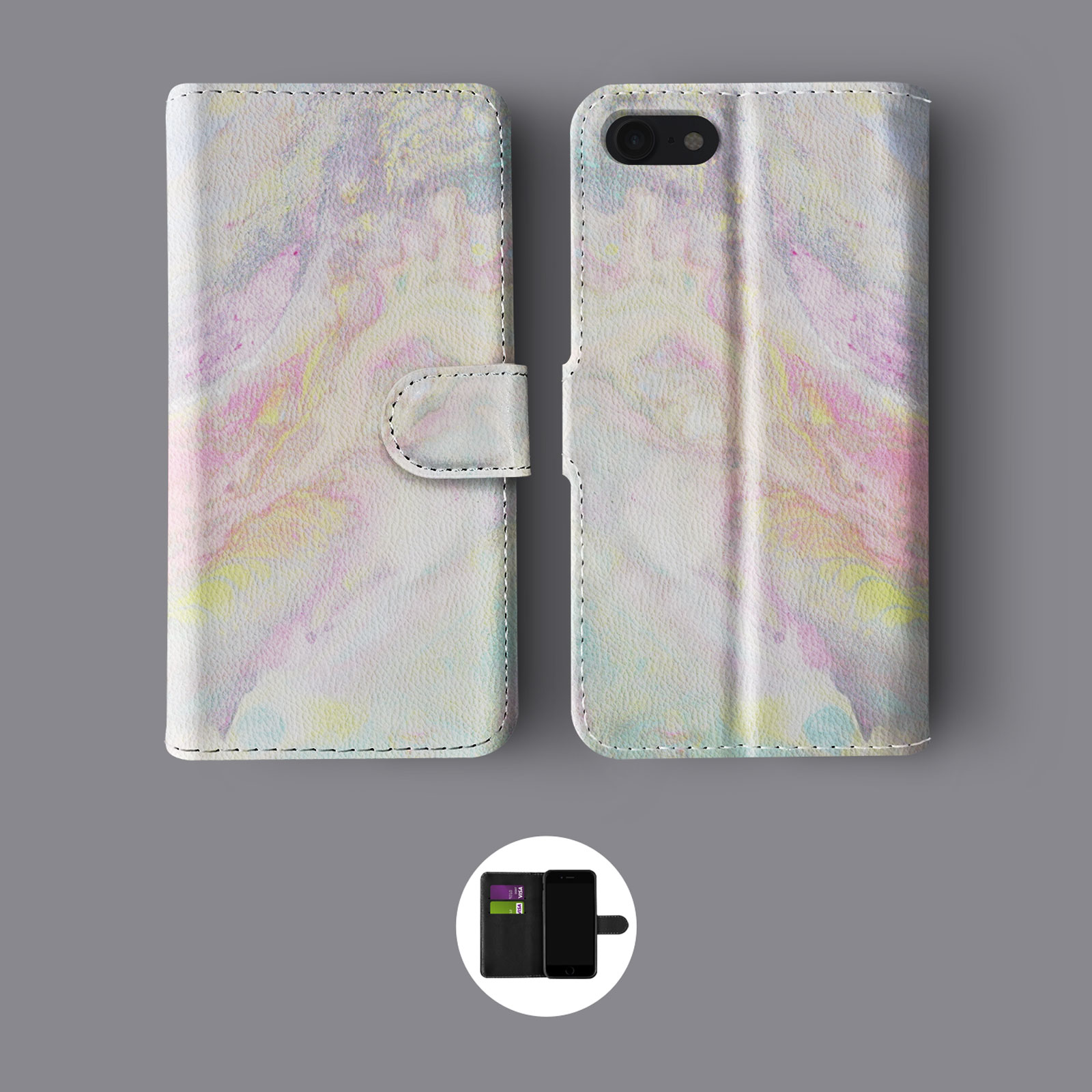 MARBLE IRIDESCENT HOLOGRAPHIC PSYCHEDELIC LEATHER WALLET PHONE CASE FOR IPHONE - Picture 8 of 10