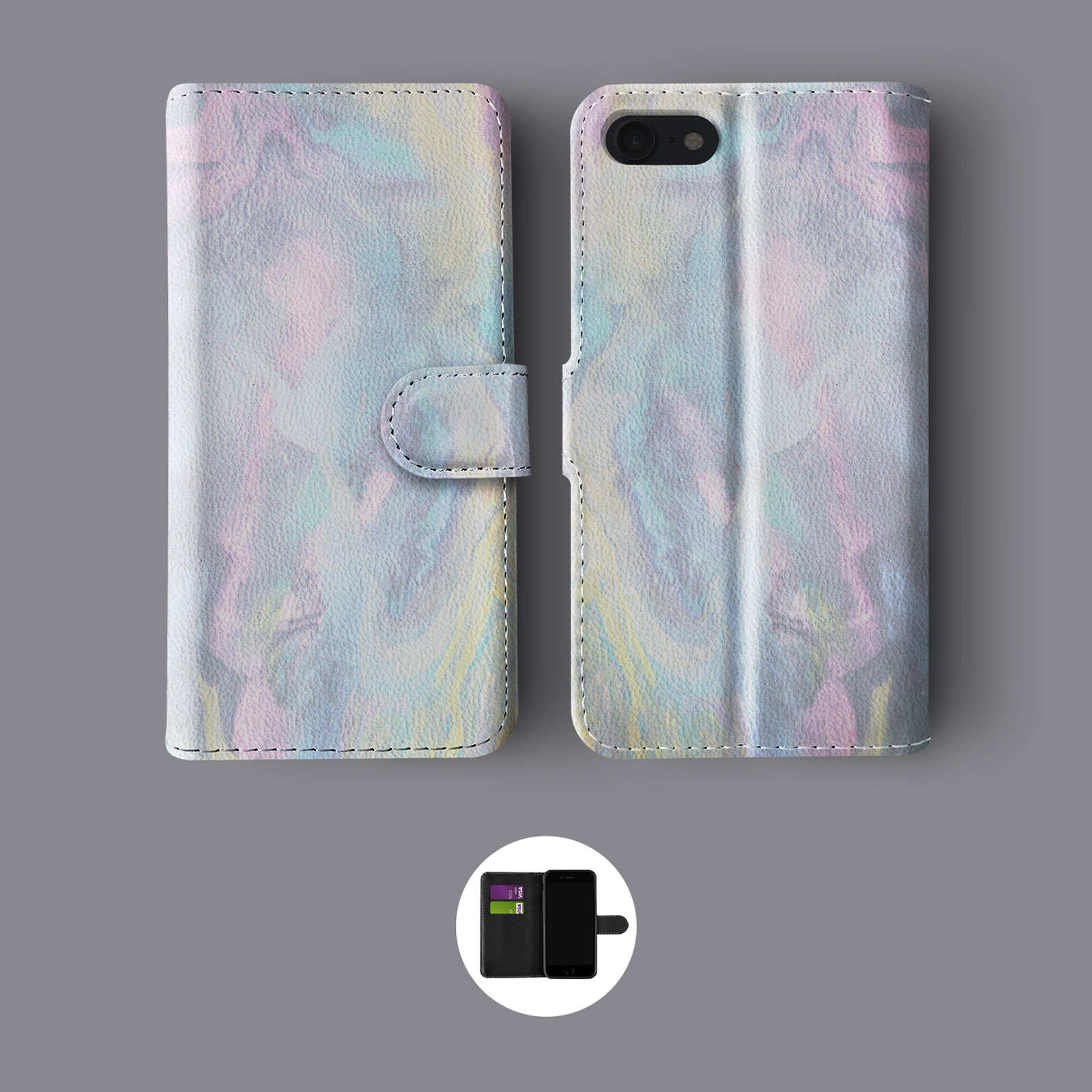 MARBLE IRIDESCENT HOLOGRAPHIC PSYCHEDELIC LEATHER WALLET PHONE CASE FOR IPHONE - Picture 9 of 10