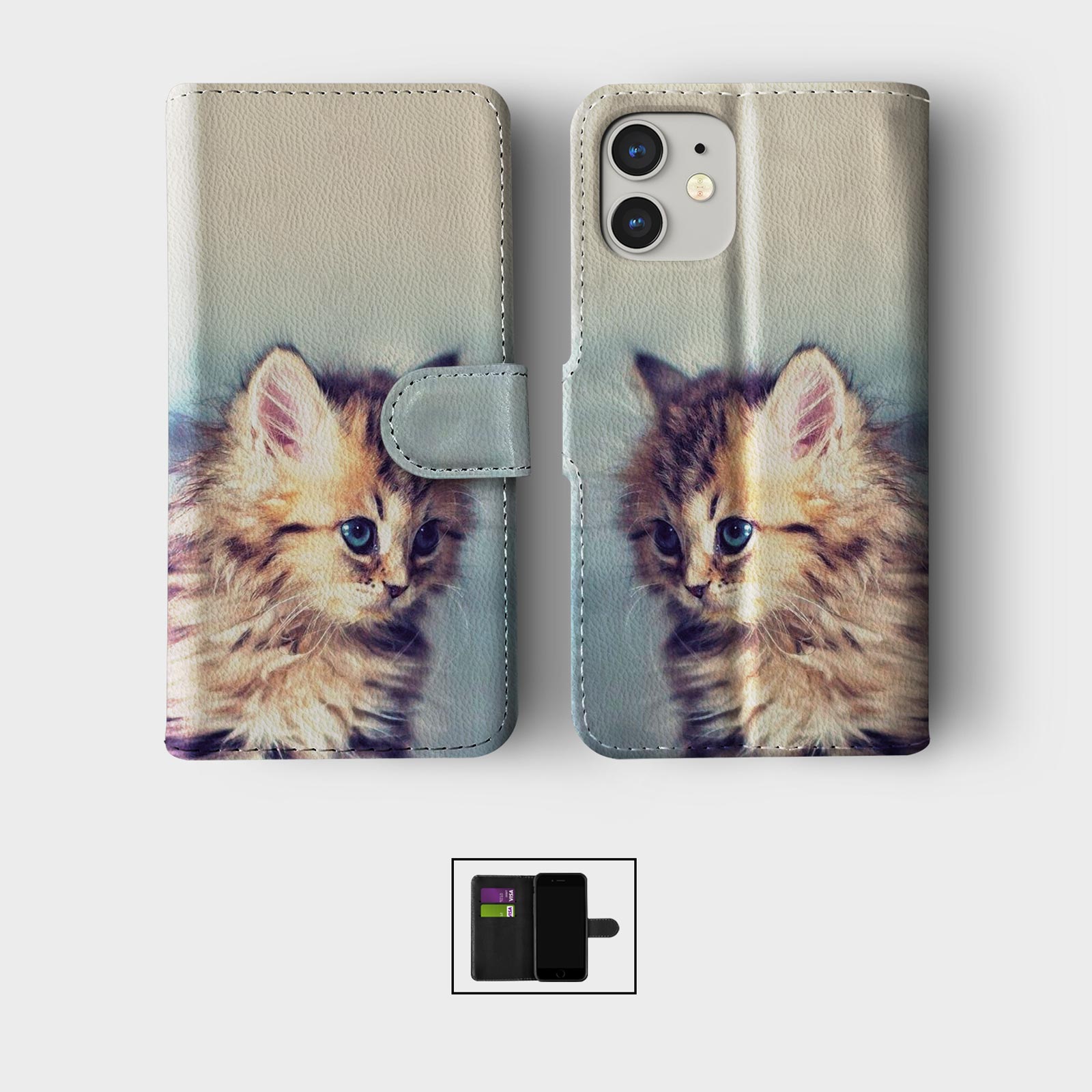 CASE FOR IPHONE 16 16E 15 14 12 12 PRO WALLET FLIP PHONE COVER CUTE KITTENS CATS - Picture 2 of 8