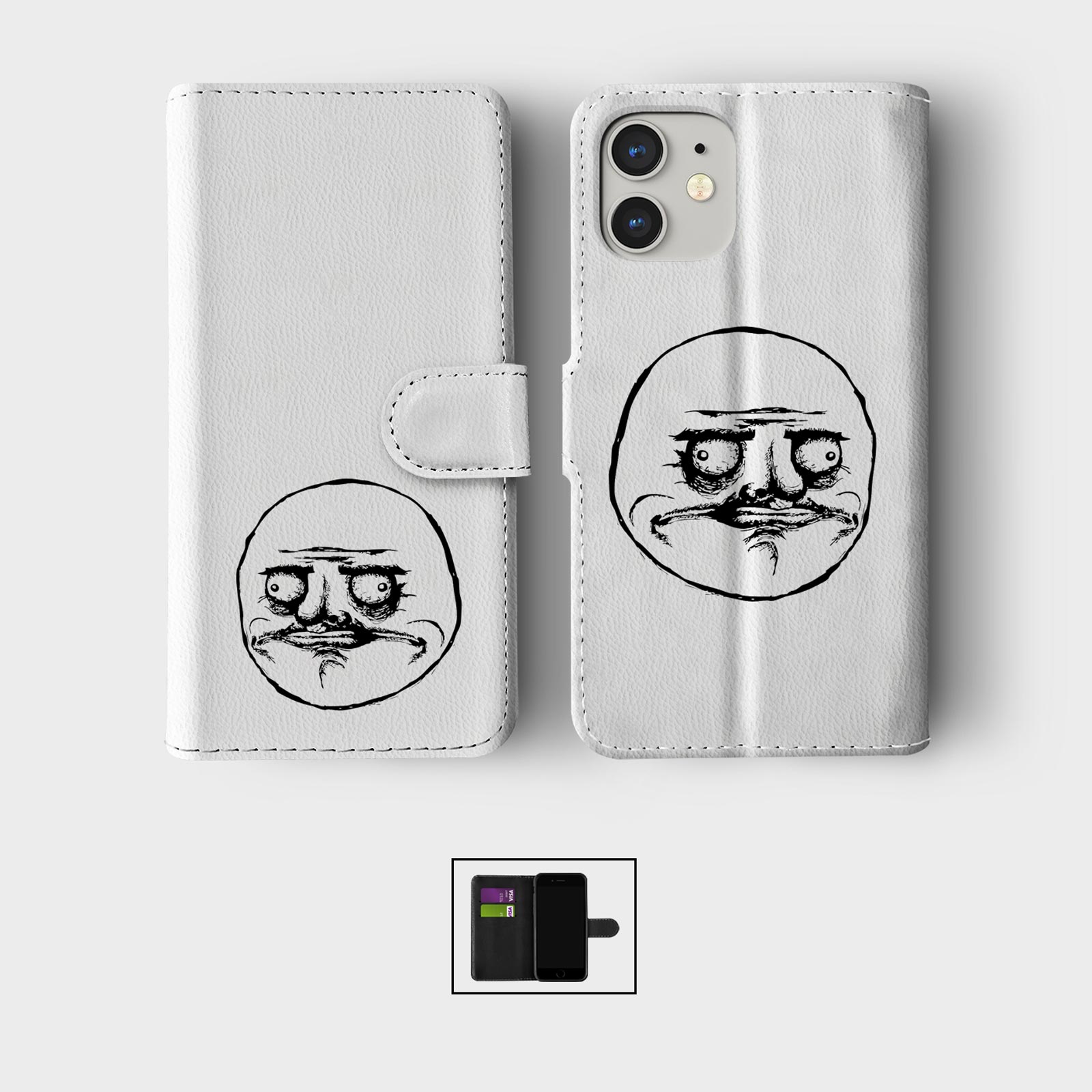 CASE FOR IPHONE 16 16E 15 14 12 SE PRO WALLET FLIP PHONE COVER MEME TROLL FACE - Picture 2 of 9