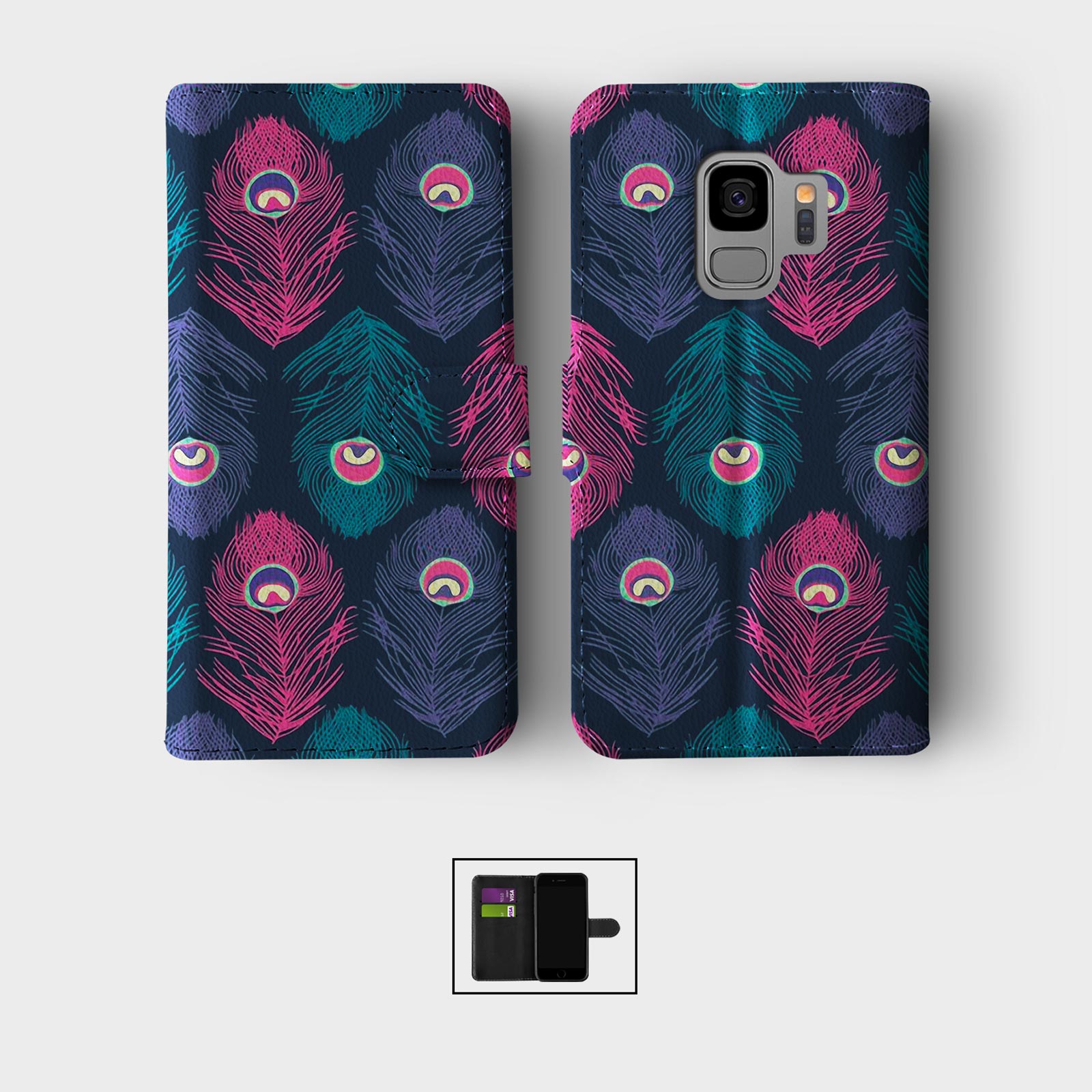 CASE FOR SAMSUNG S23 S22 S21 S20 S10 S9 WALLET FLIP PHONE COVER PEACOCK FEATHER - Picture 5 of 8