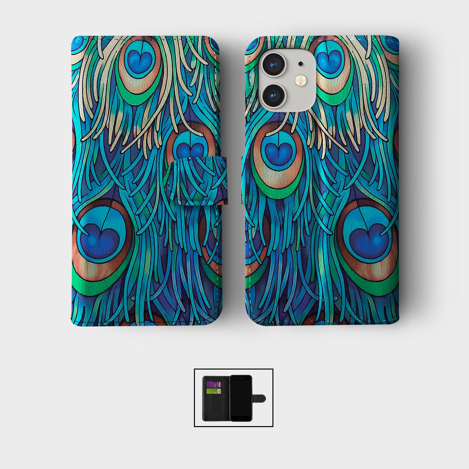CASE FOR IPHONE 16 15 14 13 12 11 PRO WALLET FLIP PHONE COVER PEACOCK FEATHERS - Picture 2 of 7