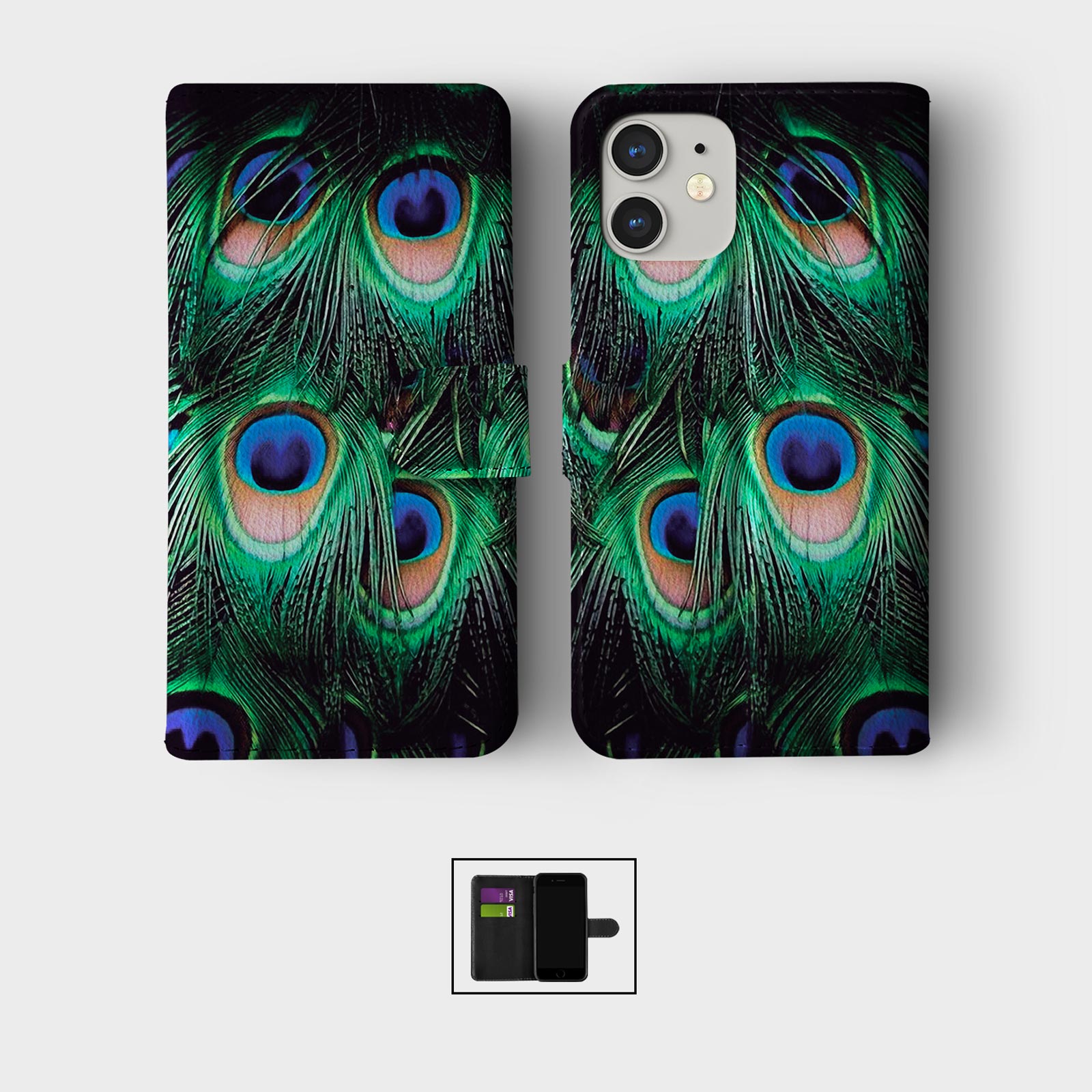 CASE FOR IPHONE 16 15 14 13 12 11 PRO WALLET FLIP PHONE COVER PEACOCK FEATHERS - Picture 5 of 7