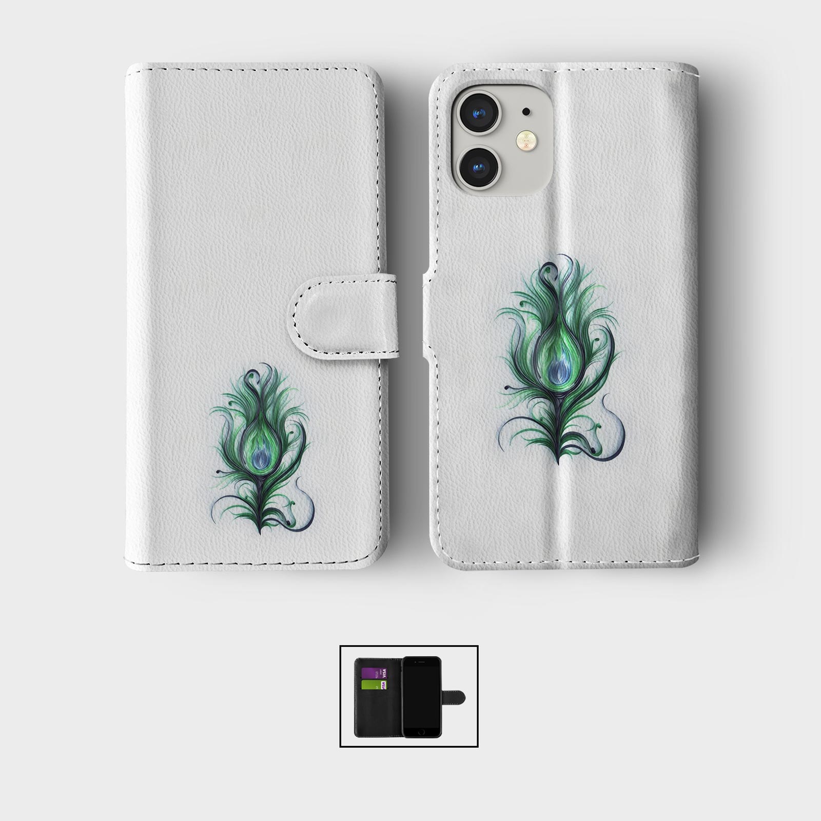 CASE FOR IPHONE 16 15 14 13 12 11 PRO WALLET FLIP PHONE COVER PEACOCK FEATHERS - Picture 6 of 7