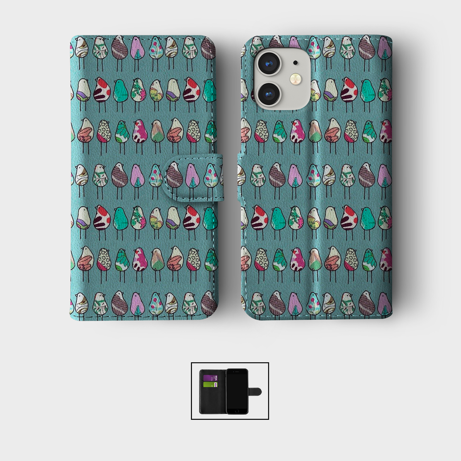 CASE FOR IPHONE 16 15 14 13 12 11 SE WALLET FLIP PHONE COVER BIRDS BIRDIES FLOCK - Picture 3 of 10