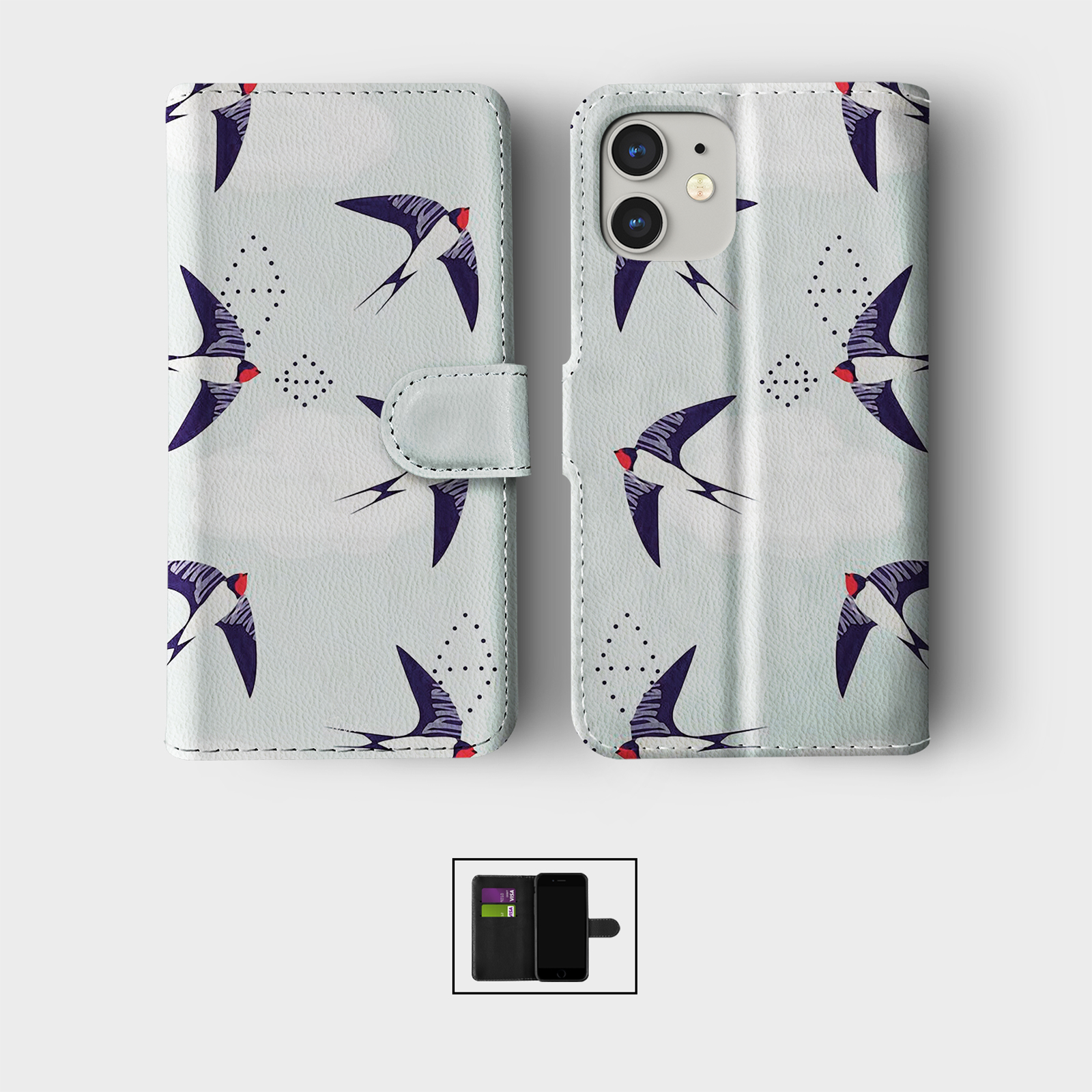CASE FOR IPHONE 16 15 14 13 12 11 SE WALLET FLIP PHONE COVER BIRDS BIRDIES FLOCK - Picture 6 of 10