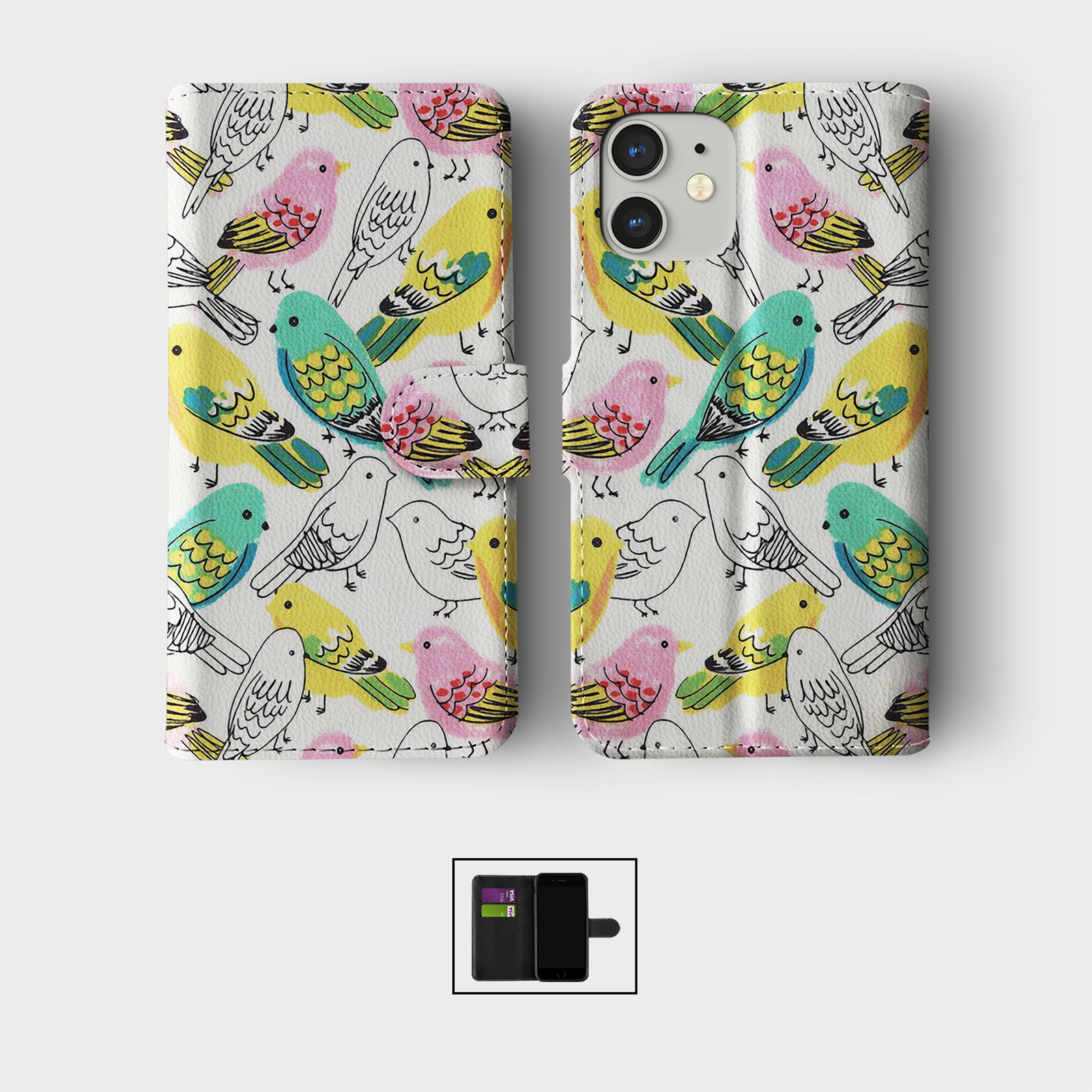 CASE FOR IPHONE 16 15 14 13 12 11 SE WALLET FLIP PHONE COVER BIRDS BIRDIES FLOCK - Picture 7 of 10
