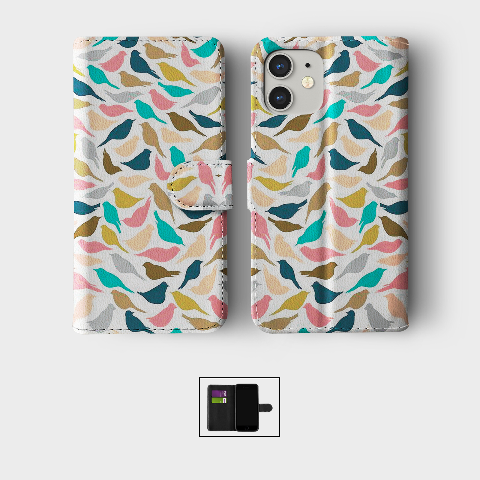 CASE FOR IPHONE 16 15 14 13 12 11 SE WALLET FLIP PHONE COVER BIRDS BIRDIES FLOCK - Picture 8 of 10