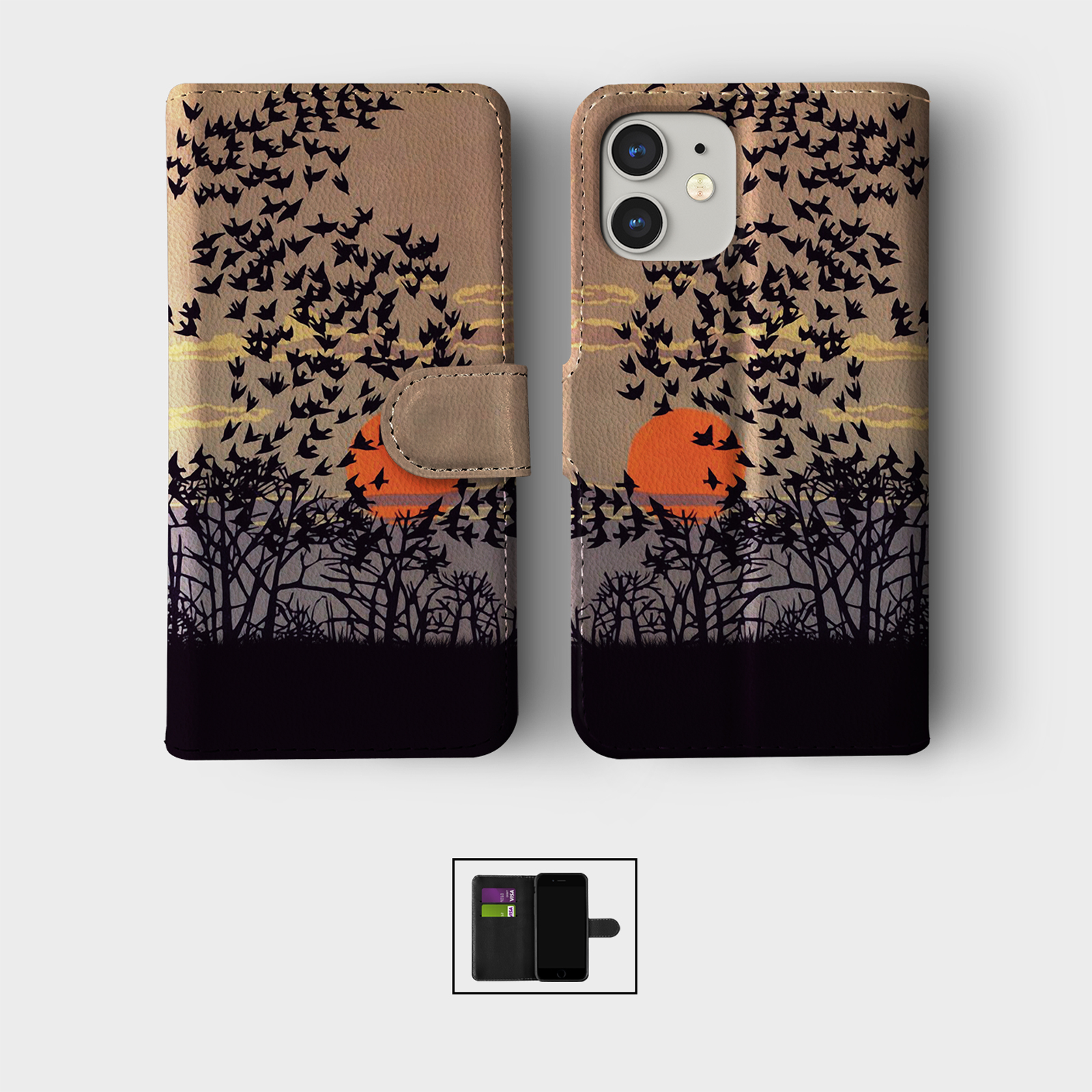 CASE FOR IPHONE 16 15 14 13 12 11 SE WALLET FLIP PHONE COVER BIRDS BIRDIES FLOCK - Picture 9 of 10
