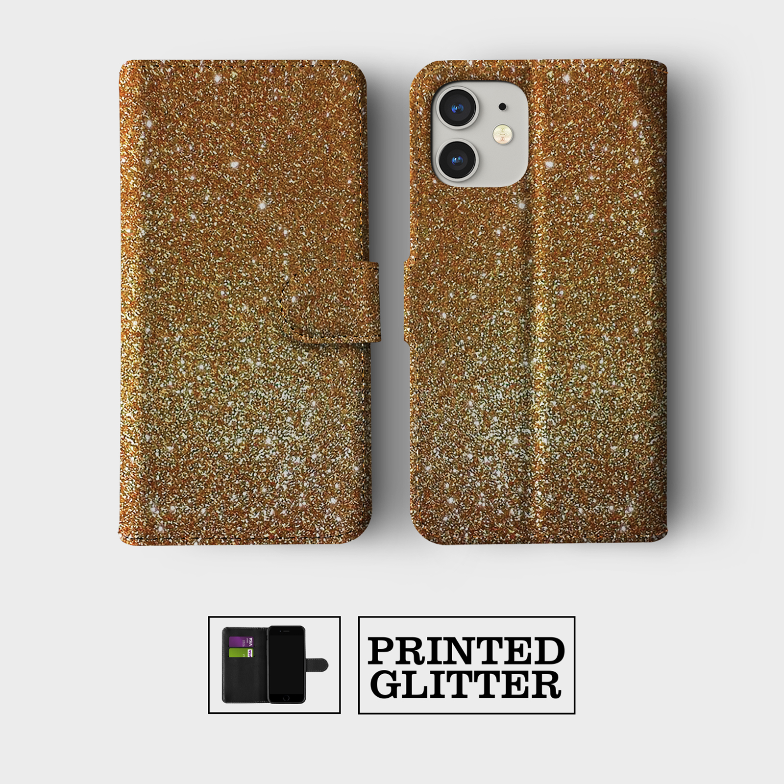 CASE FOR IPHONE 16 15 14 13 12 11 PRO WALLET FLIP PHONE COVER GLITTER GOLD PINK - Picture 2 of 4