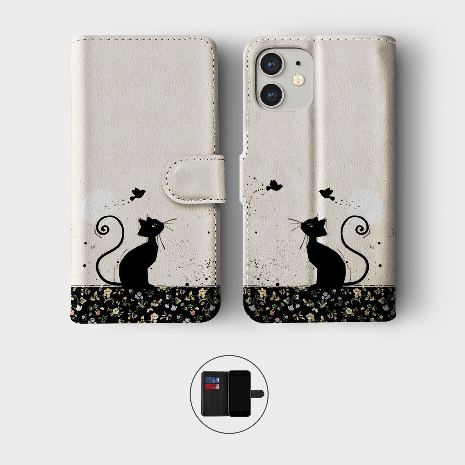 CASE FOR IPHONE 16 15 14 13 12 11 PRO WALLET FLIP PHONE COVER BLACK CUTE KITTY - Picture 7 of 10