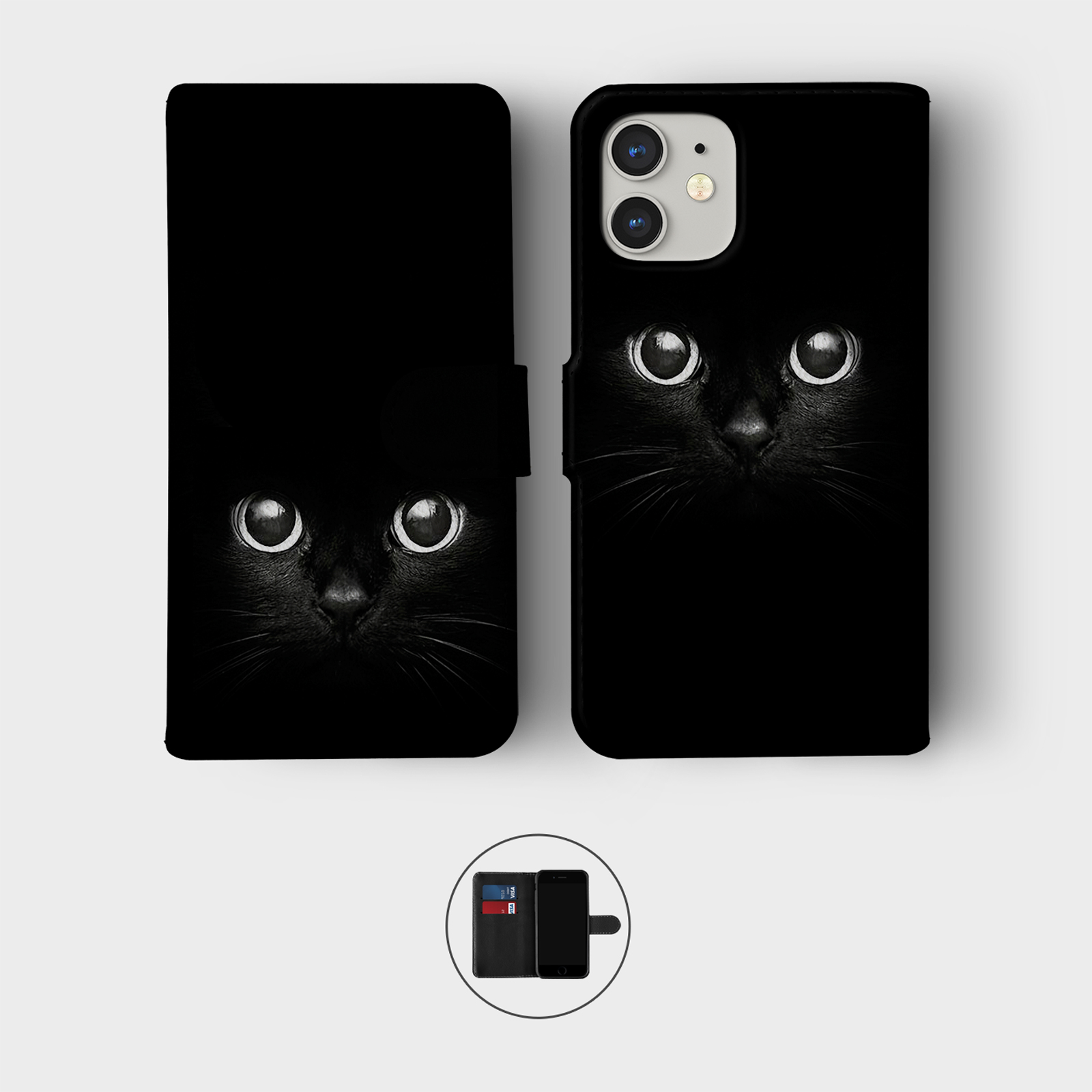 CASE FOR IPHONE 16 15 14 13 12 11 PRO WALLET FLIP PHONE COVER BLACK CUTE KITTY - Picture 8 of 10