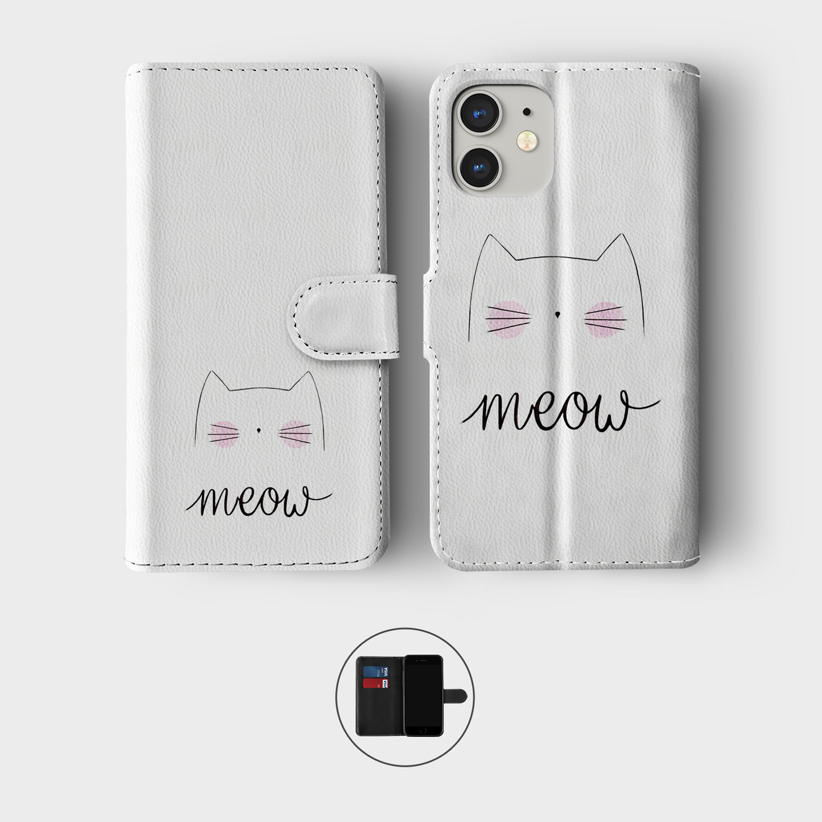 CASE FOR IPHONE 16 15 14 13 12 11 PRO WALLET FLIP PHONE COVER BLACK CUTE KITTY - Picture 9 of 10