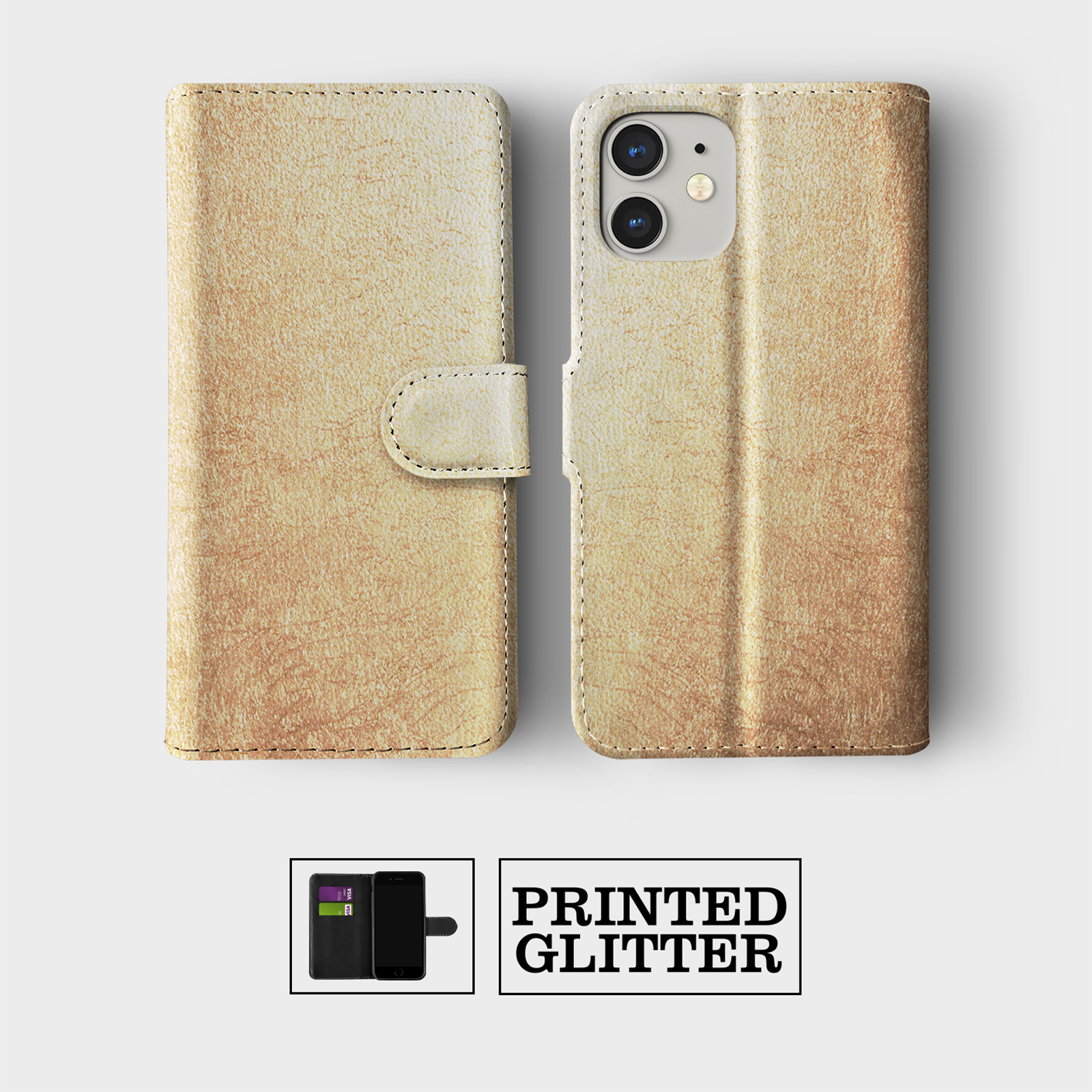 CASE FOR IPHONE 16 16E 15 14 12 12 PRO WALLET FLIP PHONE COVER ROSE GOLD GLITTER - Picture 2 of 9