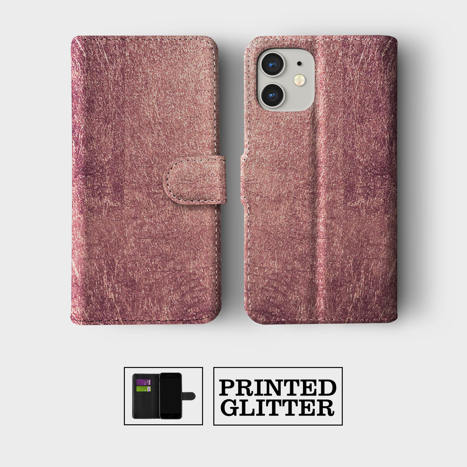 CASE FOR IPHONE 16 16E 15 14 12 12 PRO WALLET FLIP PHONE COVER ROSE GOLD GLITTER - Picture 4 of 9