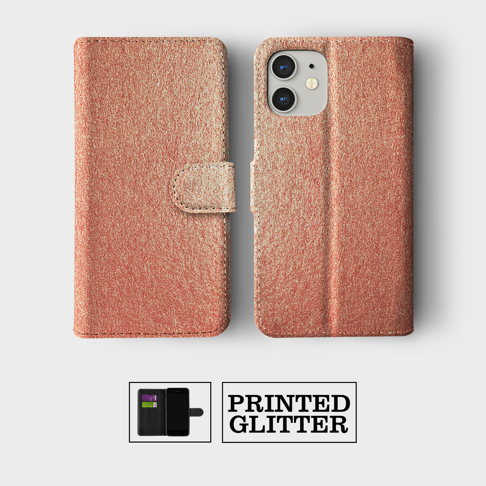 CASE FOR IPHONE 16 16E 15 14 12 12 PRO WALLET FLIP PHONE COVER ROSE GOLD GLITTER - Picture 5 of 9