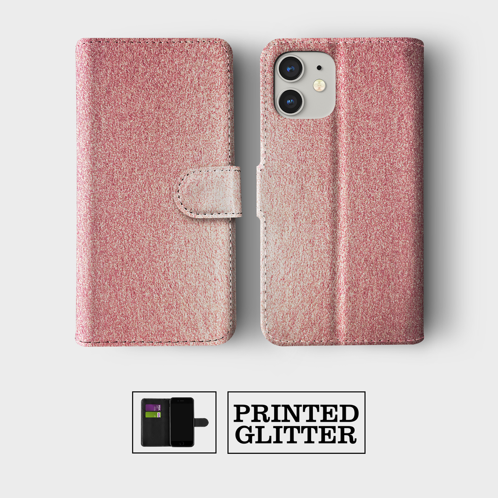 CASE FOR IPHONE 16 16E 15 14 12 12 PRO WALLET FLIP PHONE COVER ROSE GOLD GLITTER - Picture 6 of 9