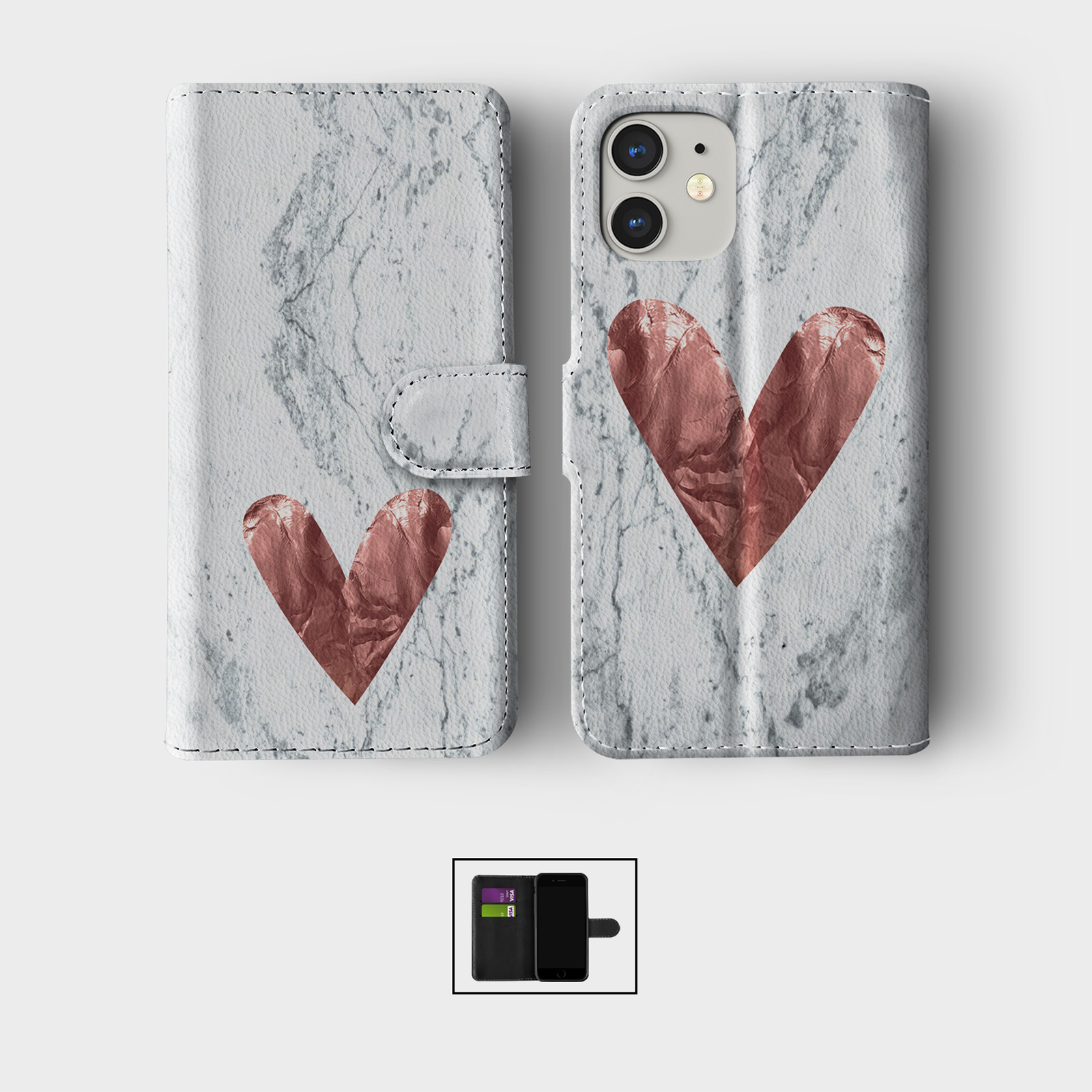 CASE FOR IPHONE 16 15 14 13 12 11 PRO WALLET FLIP PHONE COVER MARBLE ROSE GOLD - Picture 3 of 10