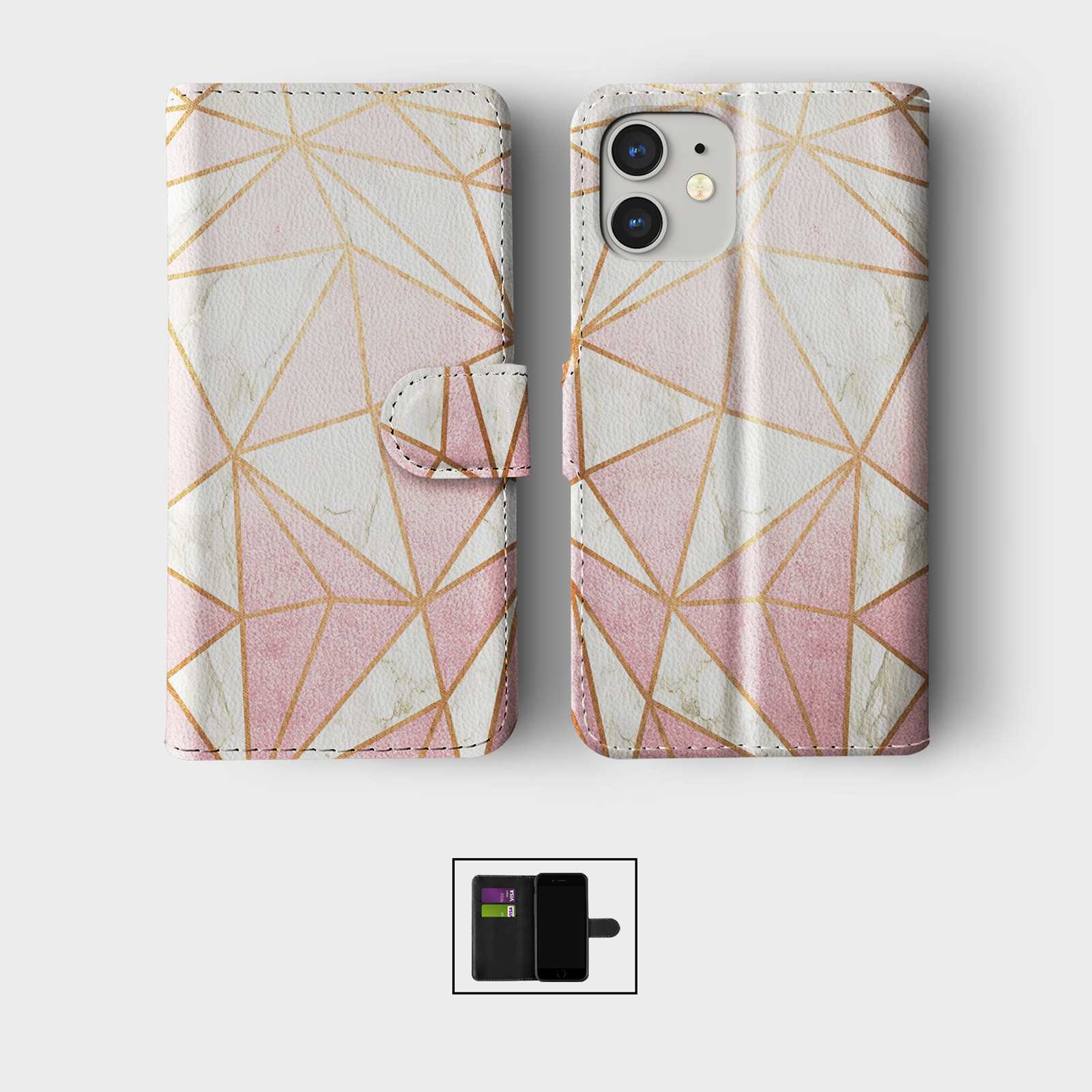CASE FOR IPHONE 16 15 14 13 12 11 PRO WALLET FLIP PHONE COVER MARBLE ROSE GOLD - Picture 5 of 10