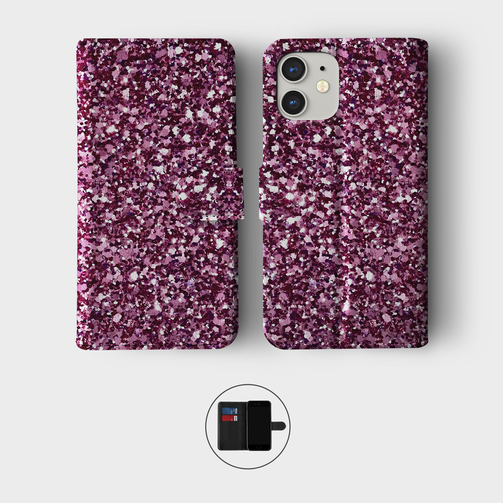 CASE FOR IPHONE 16 15 14 13 12 11 SE WALLET FLIP PHONE COVER IRIDESCENT GLITTER - Picture 8 of 10