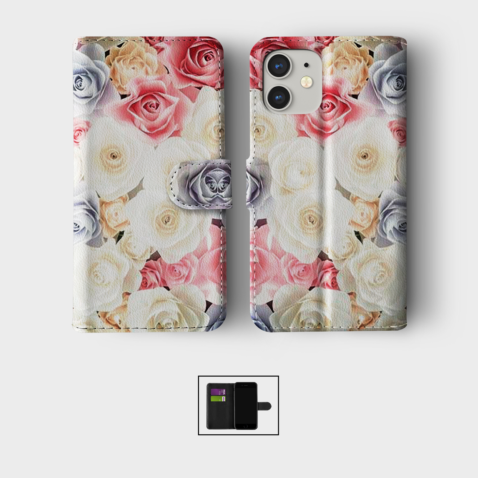CASE FOR IPHONE 16 15 14 13 12 11 PRO WALLET FLIP PHONE COVER MOON ROSES HEART - Picture 3 of 10