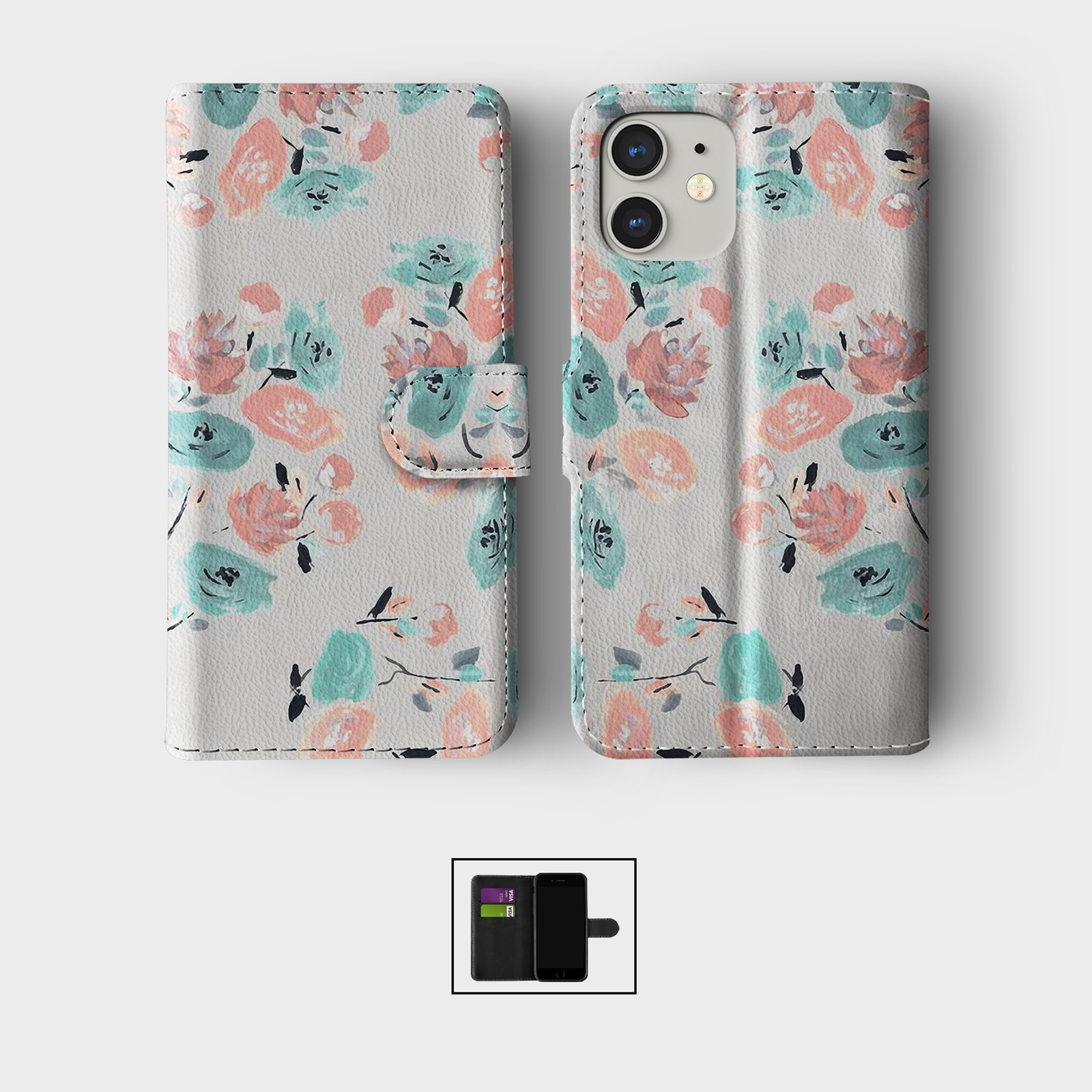 CASE FOR IPHONE 16 15 14 13 12 11 PRO WALLET FLIP PHONE COVER PINK BLUE FLORAL - Picture 8 of 10