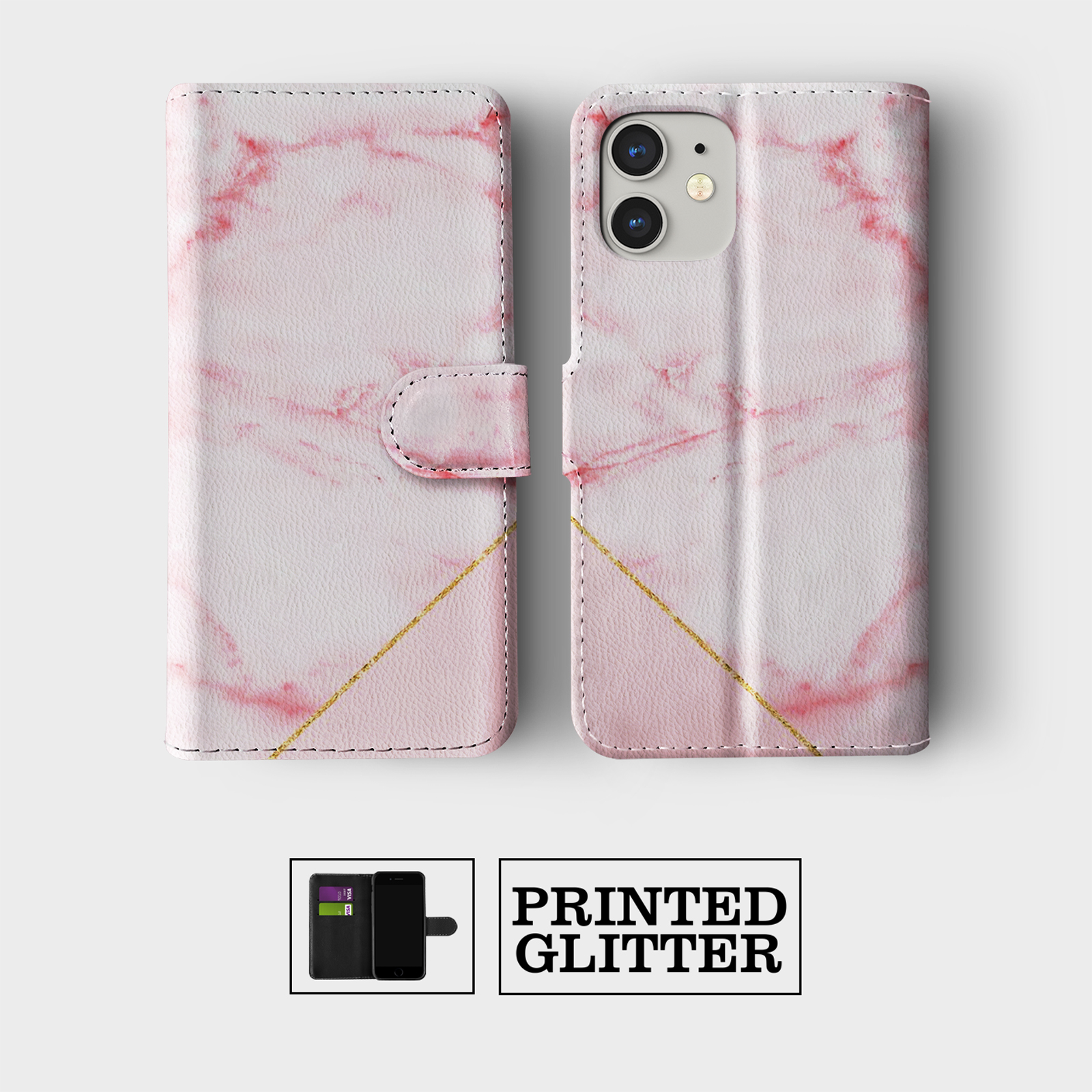 CASE FOR IPHONE 16 15 14 13 12 11 PRO WALLET FLIP PHONE COVER ROSE GOLD HEARTS - Picture 7 of 10