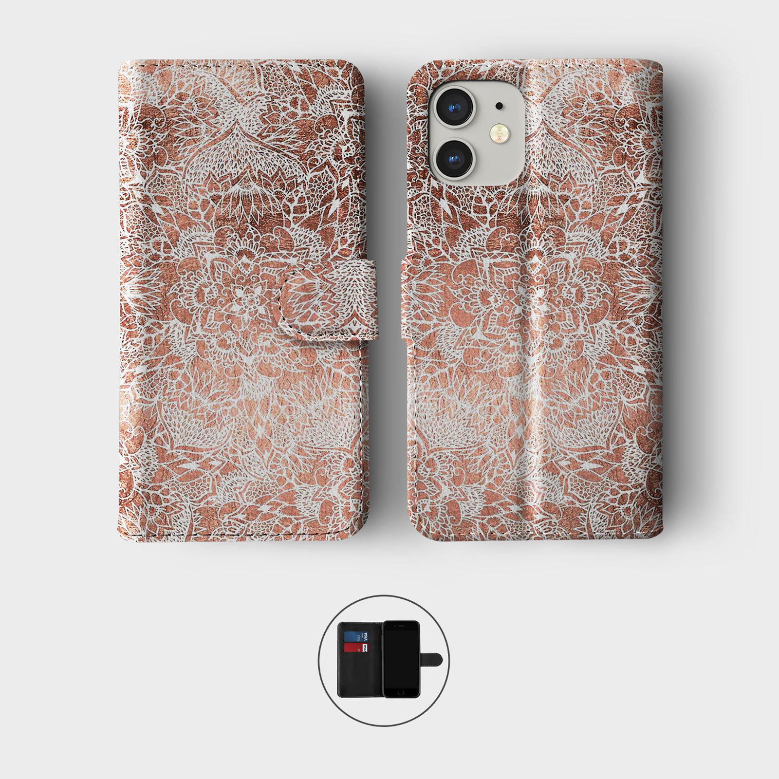 CASE FOR IPHONE 16 15 14 13 12 11 SE WALLET FLIP PHONE COVER ROSE GOLD POLKA DOT - Picture 4 of 10