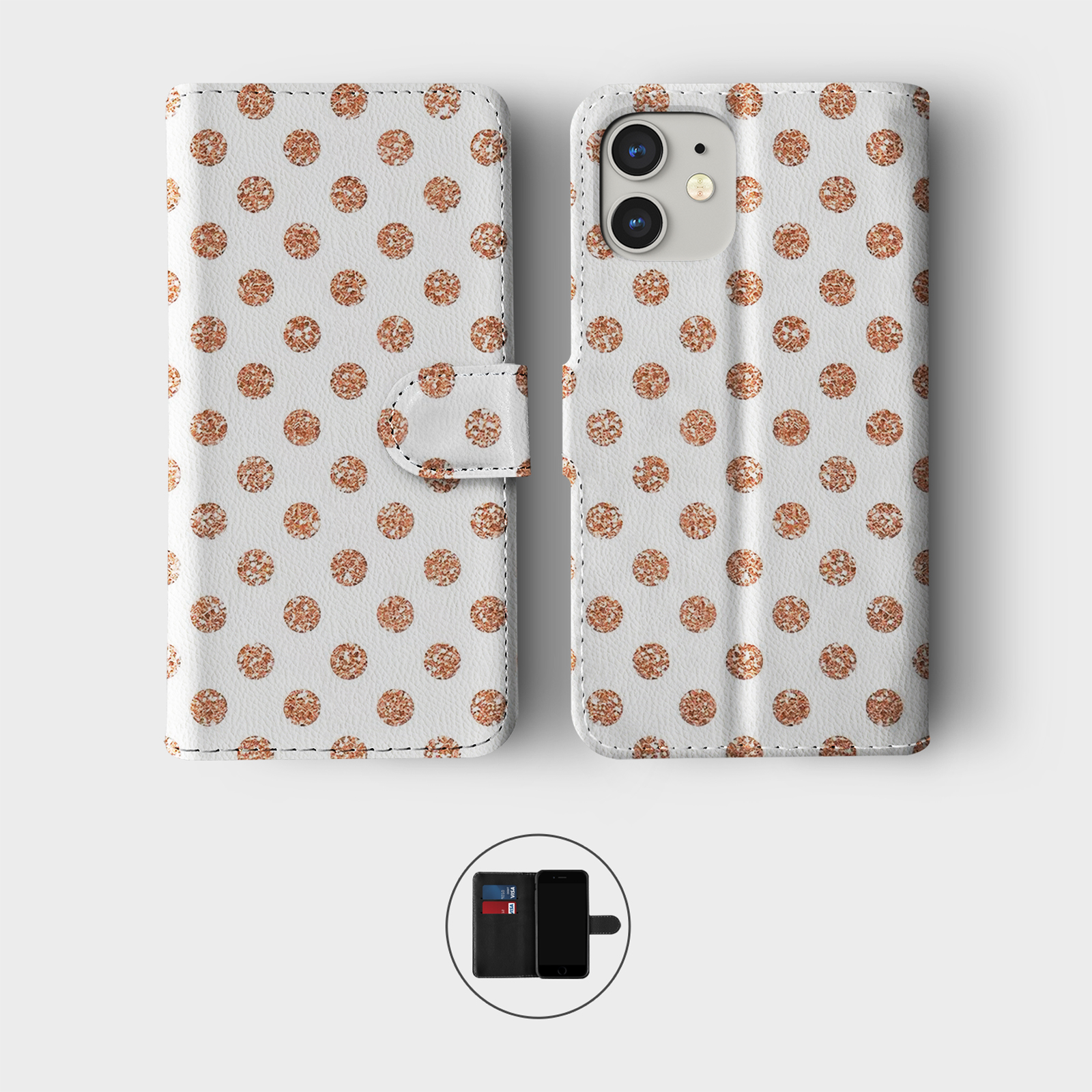 CASE FOR IPHONE 16 15 14 13 12 11 SE WALLET FLIP PHONE COVER ROSE GOLD POLKA DOT - Picture 7 of 10