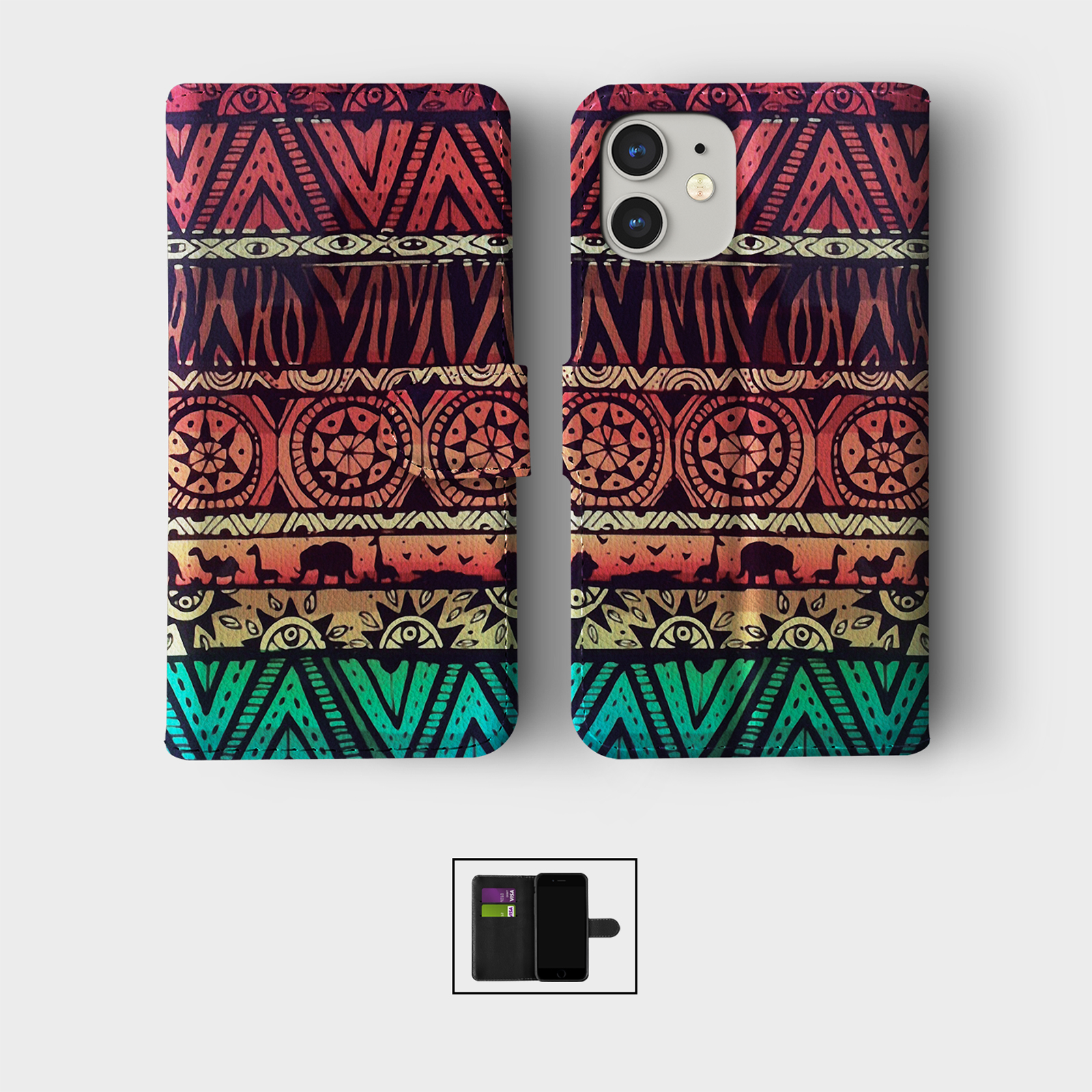 CASE FOR IPHONE 16 15 14 13 12 11 SE PRO WALLET FLIP PHONE COVER TRIBAL AZTEC - Picture 7 of 10
