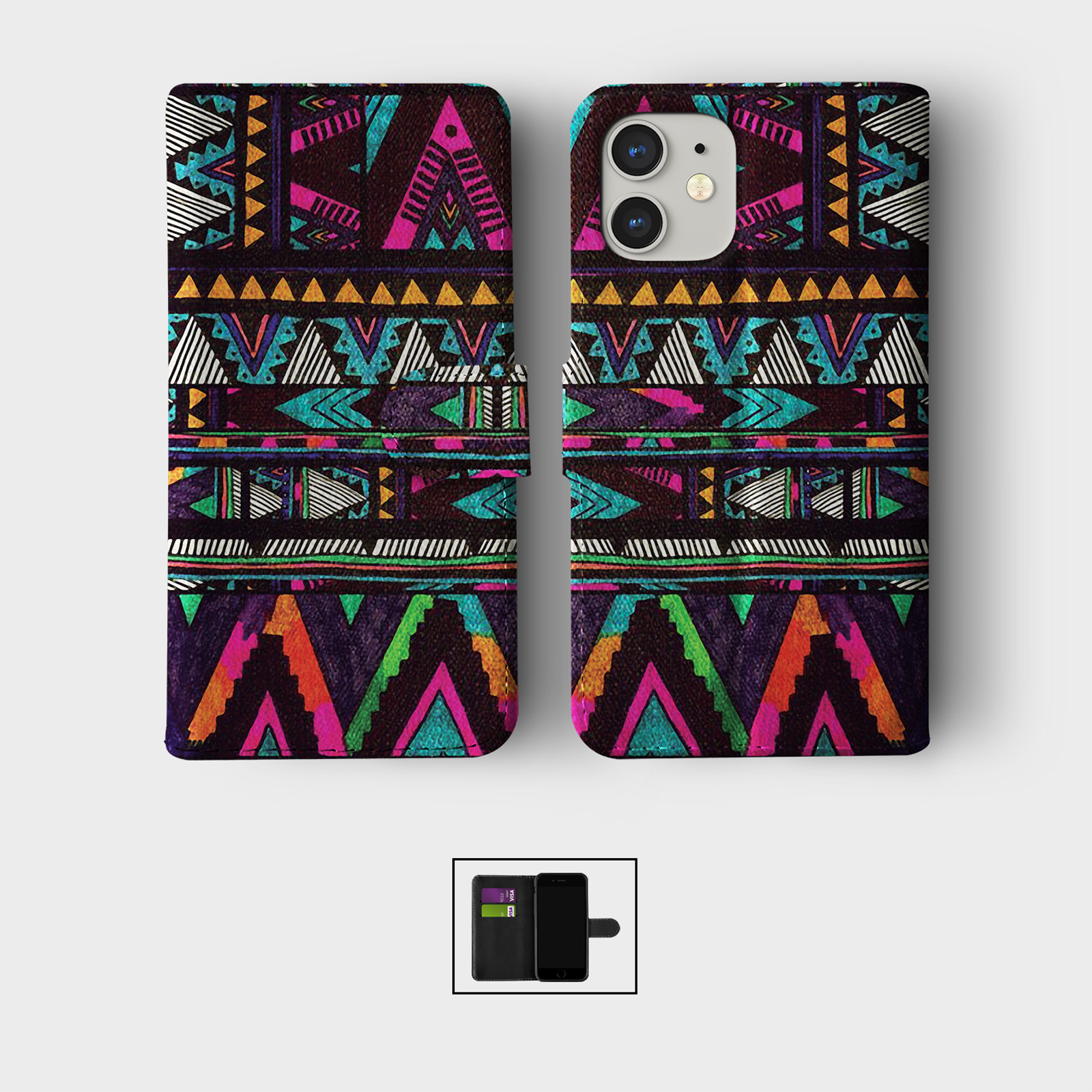 CASE FOR IPHONE 16 15 14 13 12 11 SE PRO WALLET FLIP PHONE COVER TRIBAL AZTEC - Picture 9 of 10