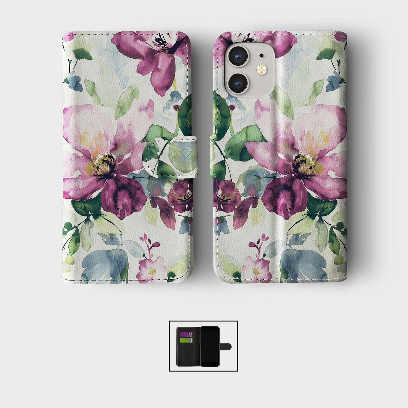 CASE FOR IPHONE 16 15 14 13 12 11 SE WALLET FLIP PHONE COVER WATERCOLOUR FLOWERS - Picture 2 of 10