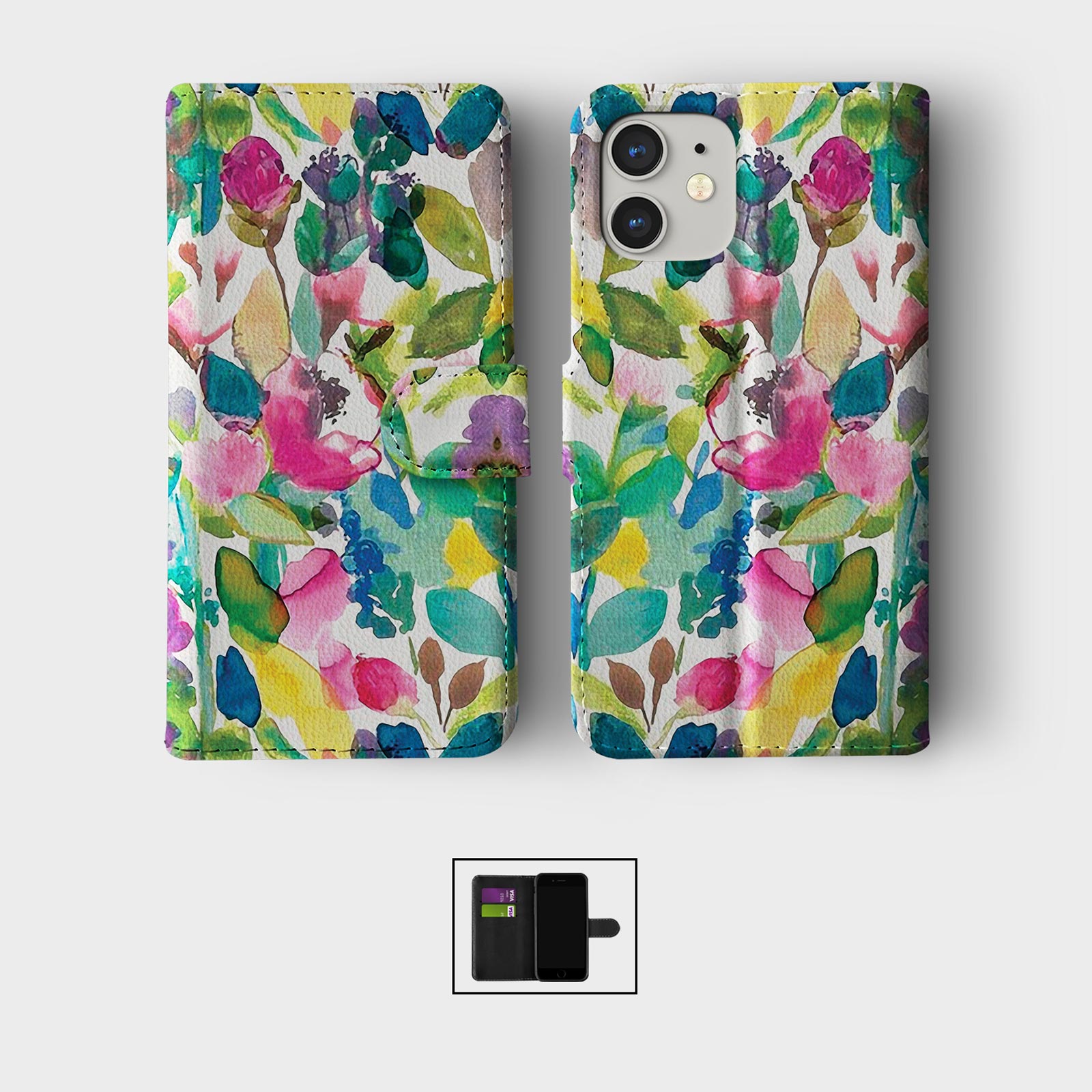 CASE FOR IPHONE 16 15 14 13 12 11 SE WALLET FLIP PHONE COVER WATERCOLOUR FLOWERS - Picture 3 of 10
