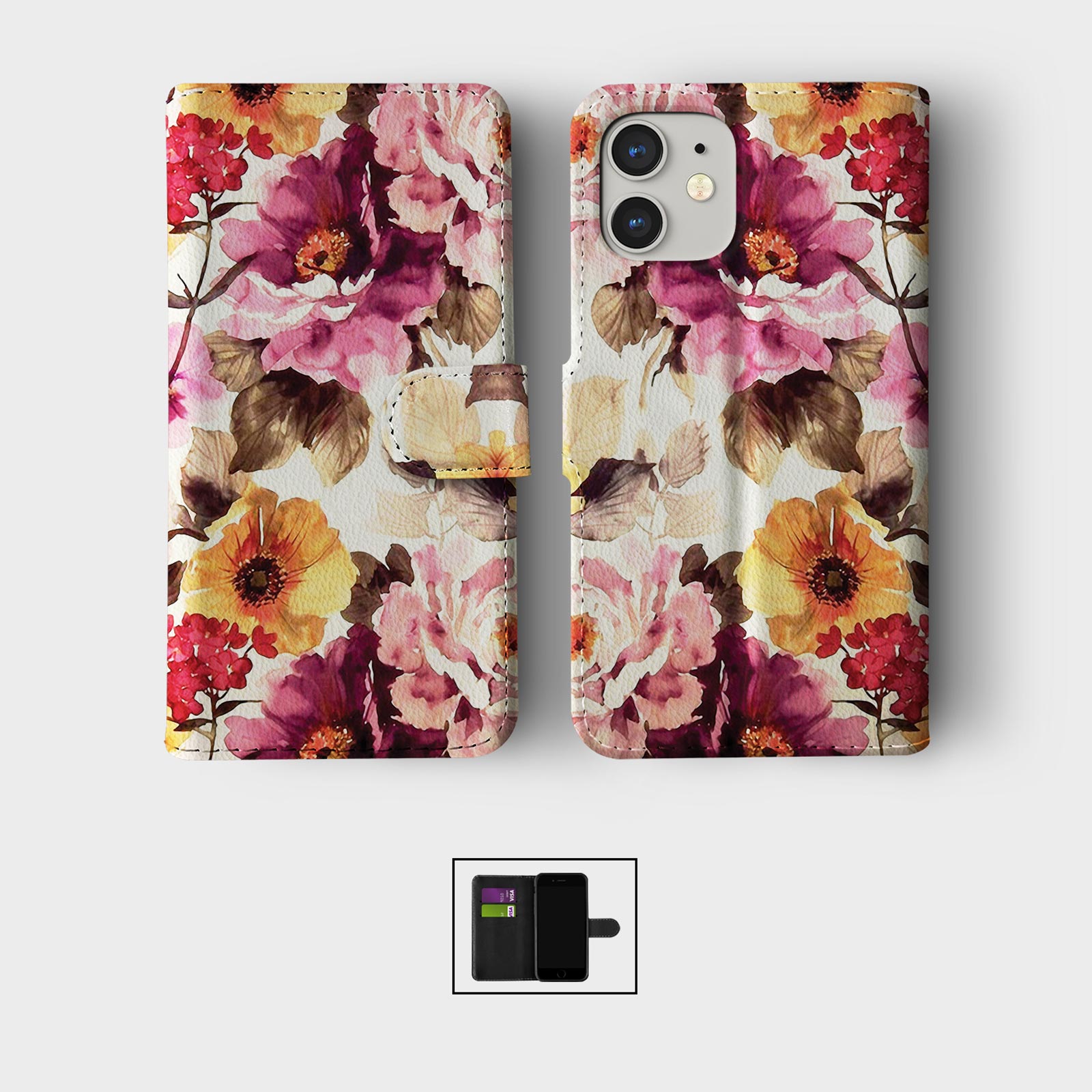 CASE FOR IPHONE 16 15 14 13 12 11 SE WALLET FLIP PHONE COVER WATERCOLOUR FLOWERS - Picture 4 of 10