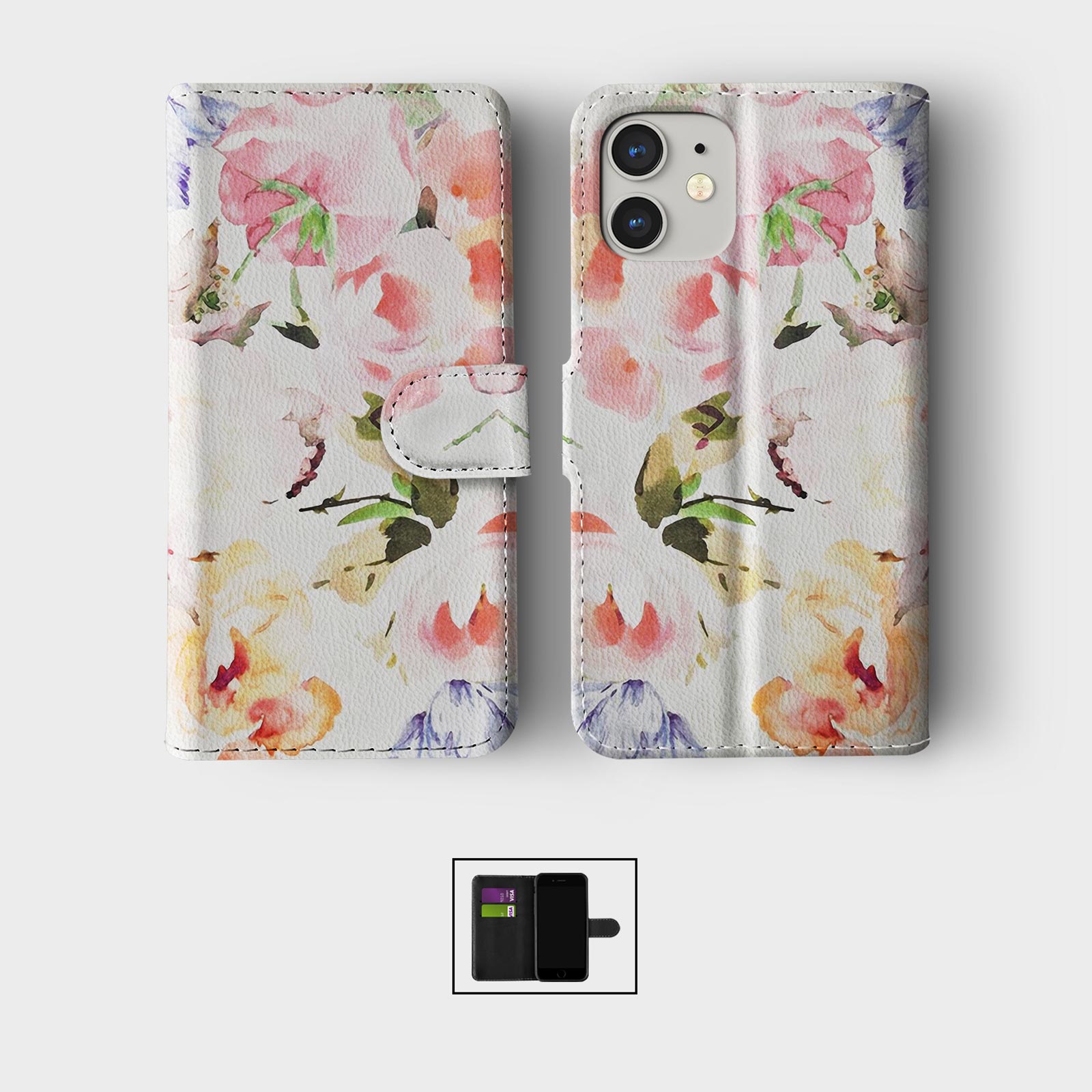 CASE FOR IPHONE 16 15 14 13 12 11 SE WALLET FLIP PHONE COVER WATERCOLOUR FLOWERS - Picture 5 of 10