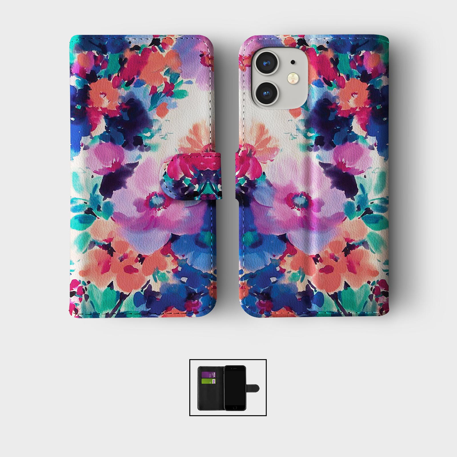 CASE FOR IPHONE 16 15 14 13 12 11 SE WALLET FLIP PHONE COVER WATERCOLOUR FLOWERS - Picture 6 of 10