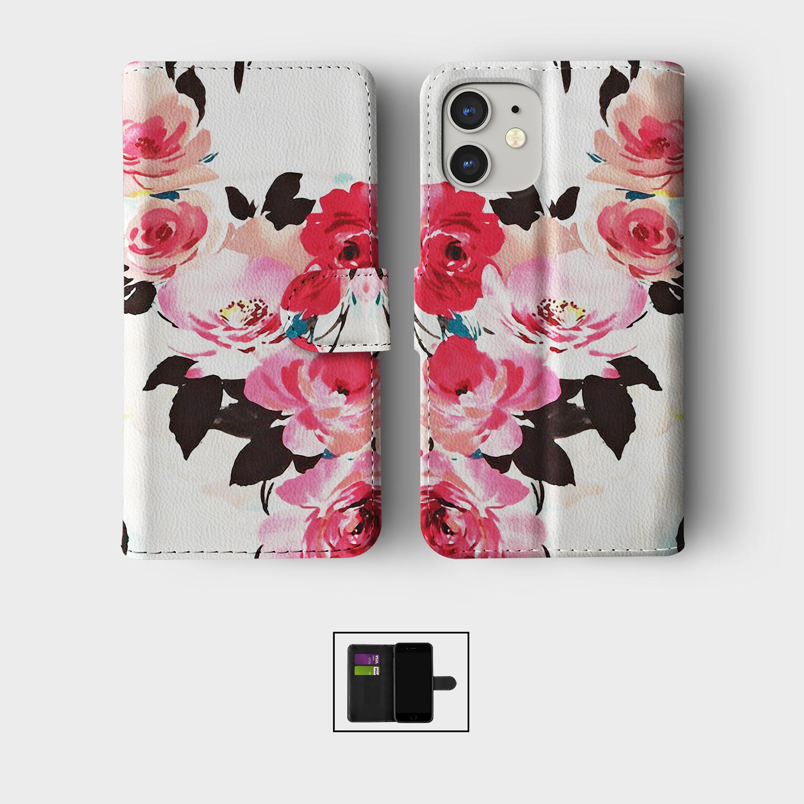 CASE FOR IPHONE 16 15 14 13 12 11 SE WALLET FLIP PHONE COVER WATERCOLOUR FLOWERS - Picture 7 of 10