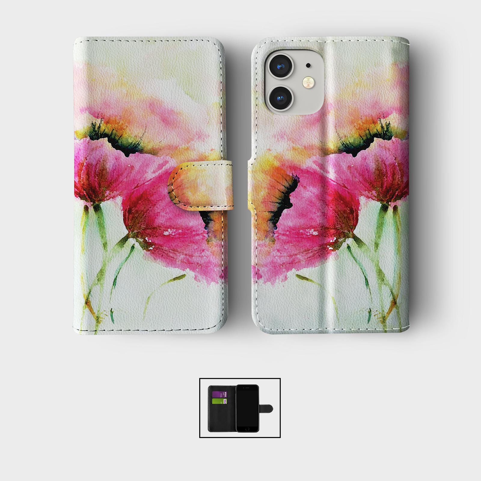 CASE FOR IPHONE 16 15 14 13 12 11 SE WALLET FLIP PHONE COVER WATERCOLOUR FLOWERS - Picture 8 of 10