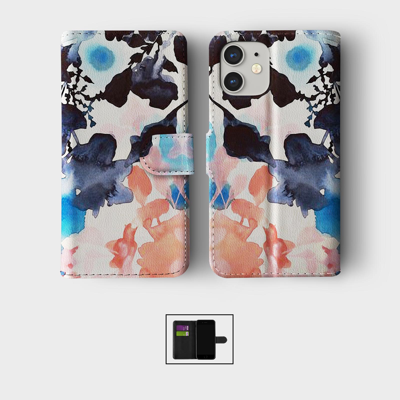 CASE FOR IPHONE 16 15 14 13 12 11 SE WALLET FLIP PHONE COVER WATERCOLOUR FLOWERS - Picture 9 of 10
