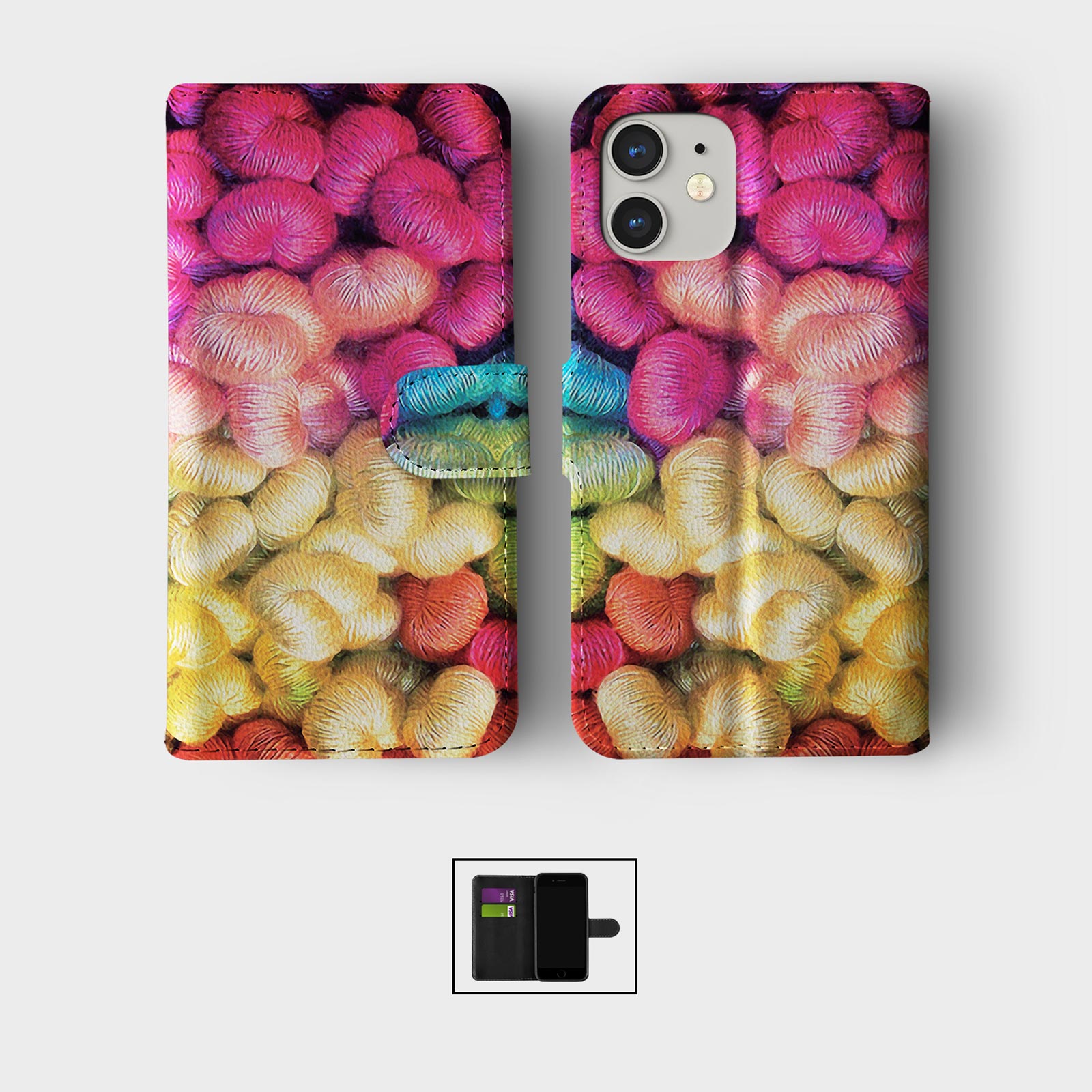 CASE FOR IPHONE 16 16E 15 14 12 12 PRO WALLET FLIP PHONE COVER WOOL YARN KNITTED - Picture 7 of 8