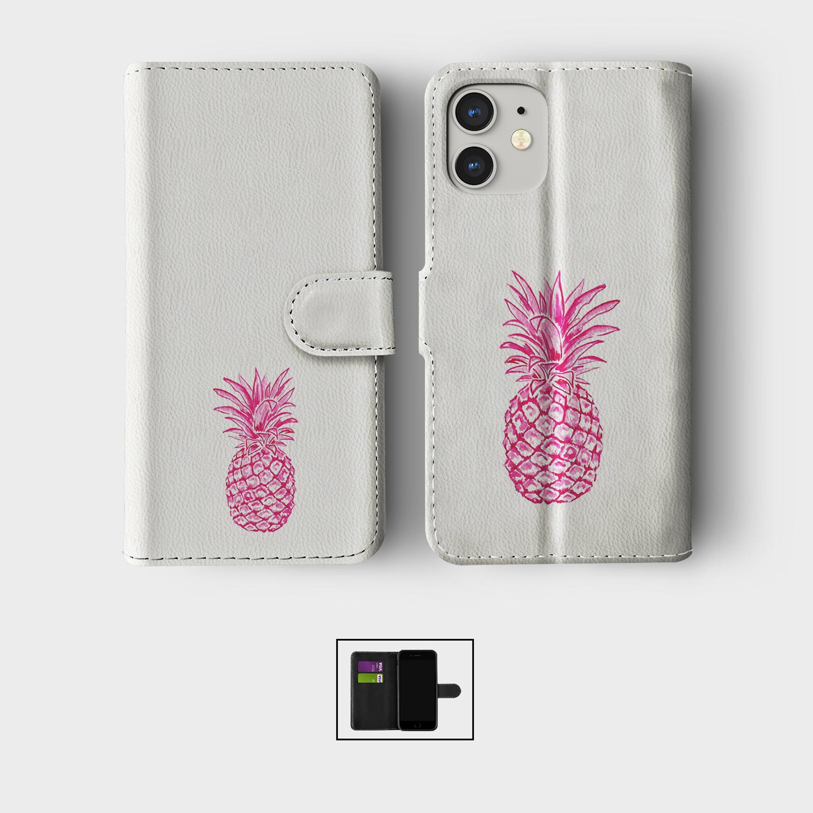 CASE FOR IPHONE 16 15 14 13 12 11 SE PRO WALLET FLIP PHONE COVER PINEAPPLE FRUIT - Picture 2 of 9
