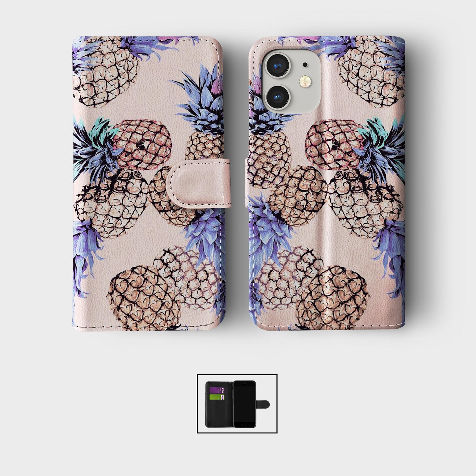 CASE FOR IPHONE 16 15 14 13 12 11 SE PRO WALLET FLIP PHONE COVER PINEAPPLE FRUIT - Picture 6 of 9