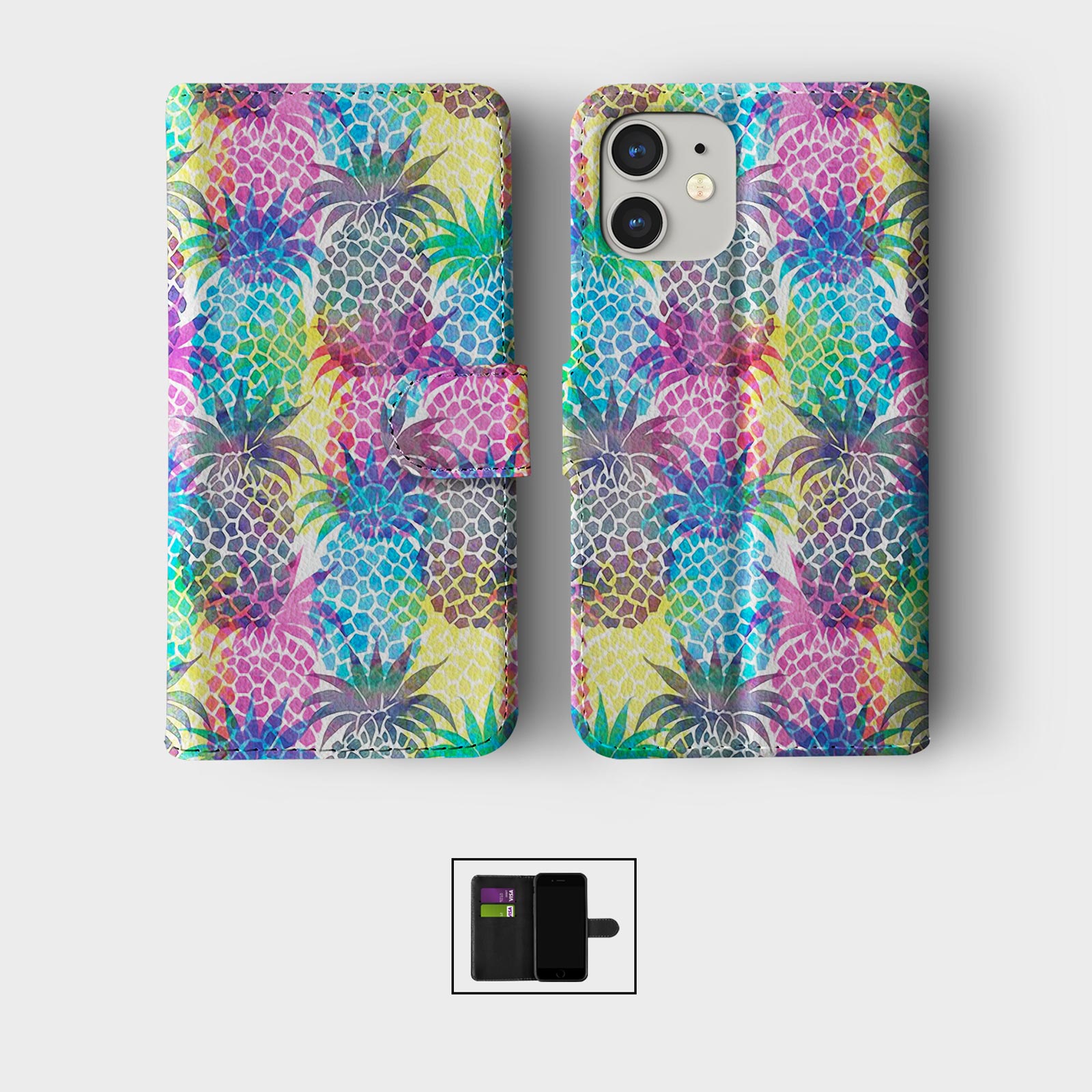 CASE FOR IPHONE 16 16E 15 14 12 SE WALLET FLIP PHONE COVER PINEAPPLE COLOURFUL - Picture 2 of 9