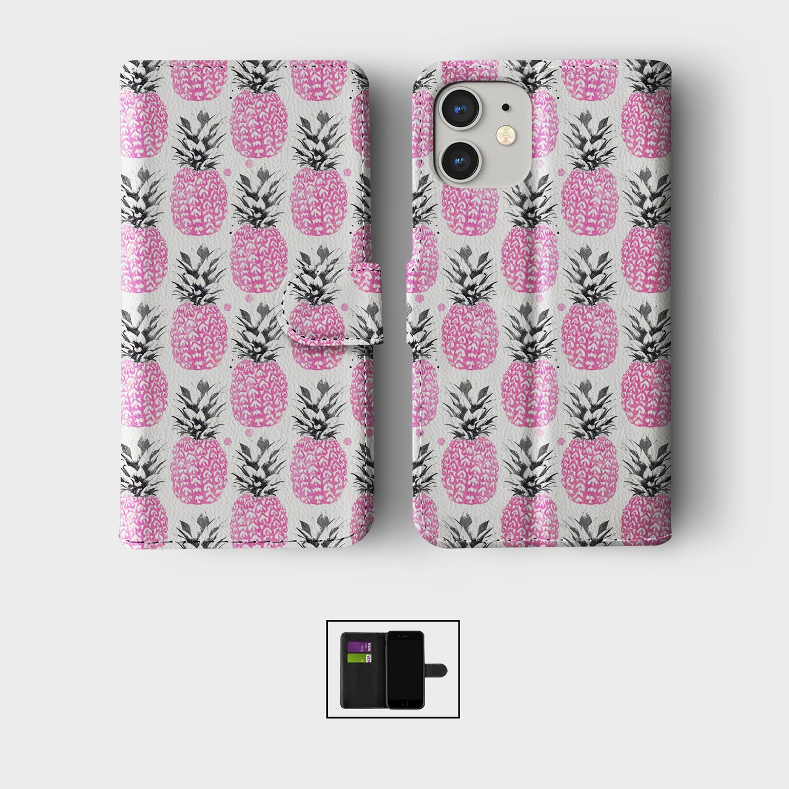 CASE FOR IPHONE 16 16E 15 14 12 SE WALLET FLIP PHONE COVER PINEAPPLE COLOURFUL - Picture 3 of 9